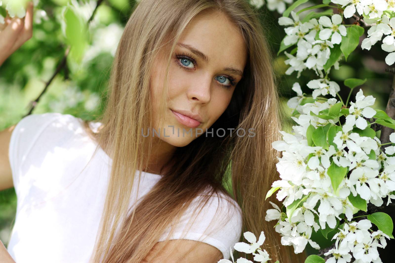 Portrait of beautiful blond in spring blossom by andersonrise