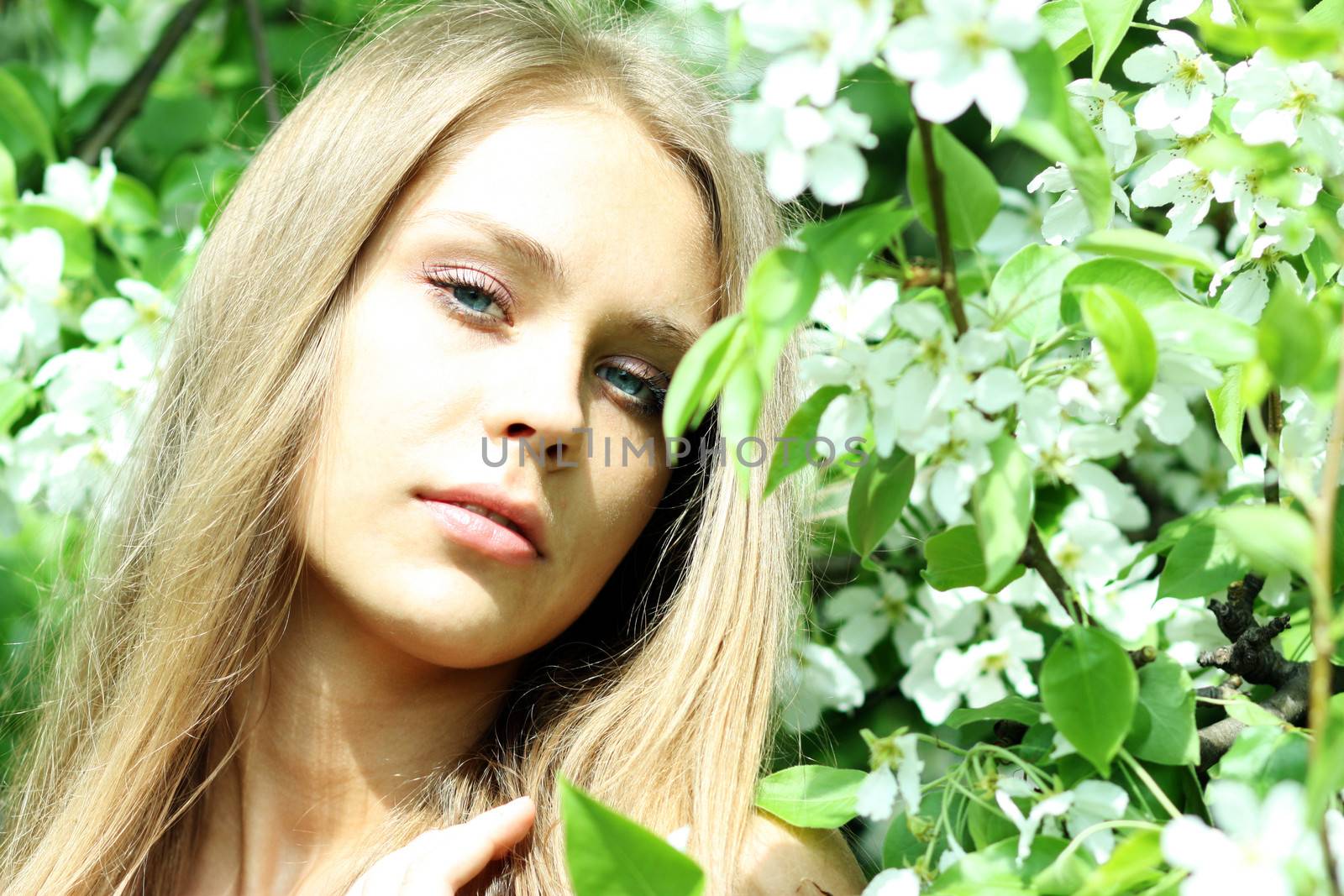 Portrait of beautiful blond in spring blossom