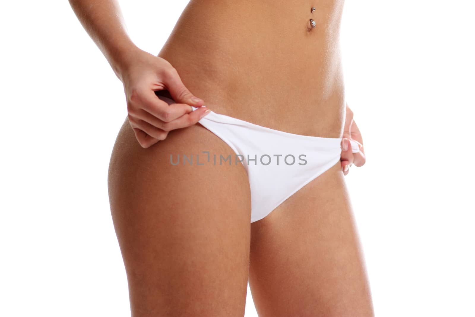 Beauty girl in white pants, isolated on a white background