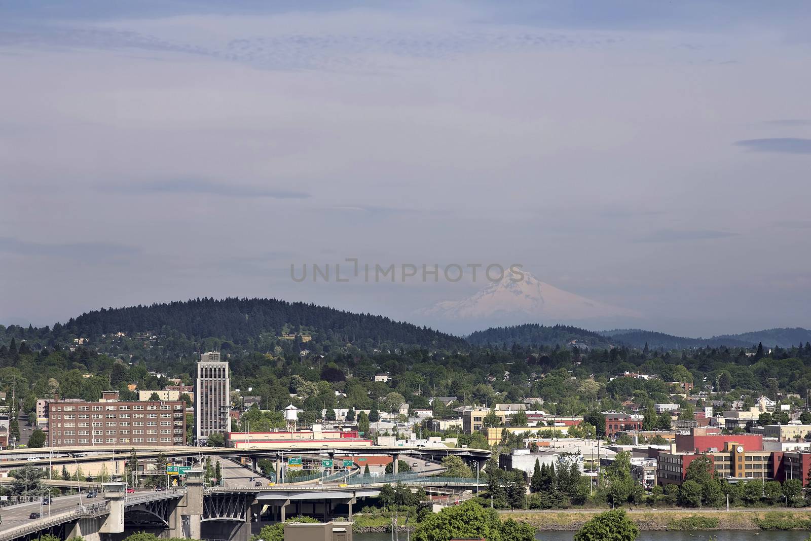 Portland Oregon Downtown with Mount Hood and Willamette River View