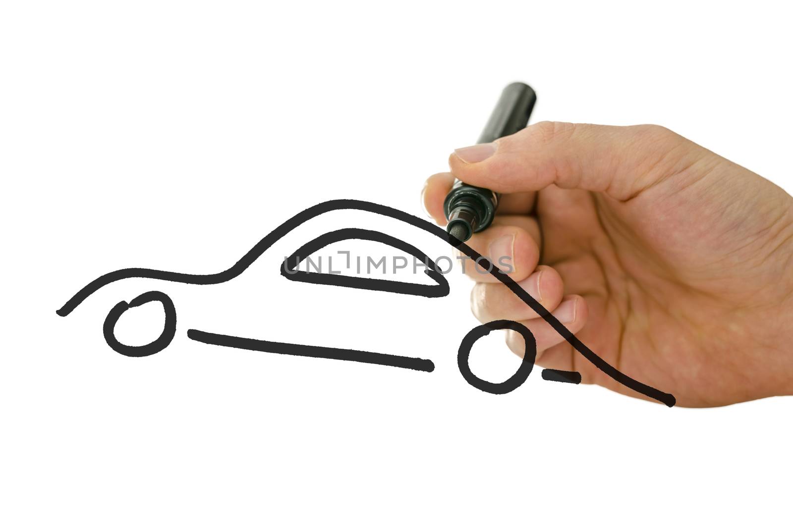 Male hand drawing car on a virtual whiteboard.