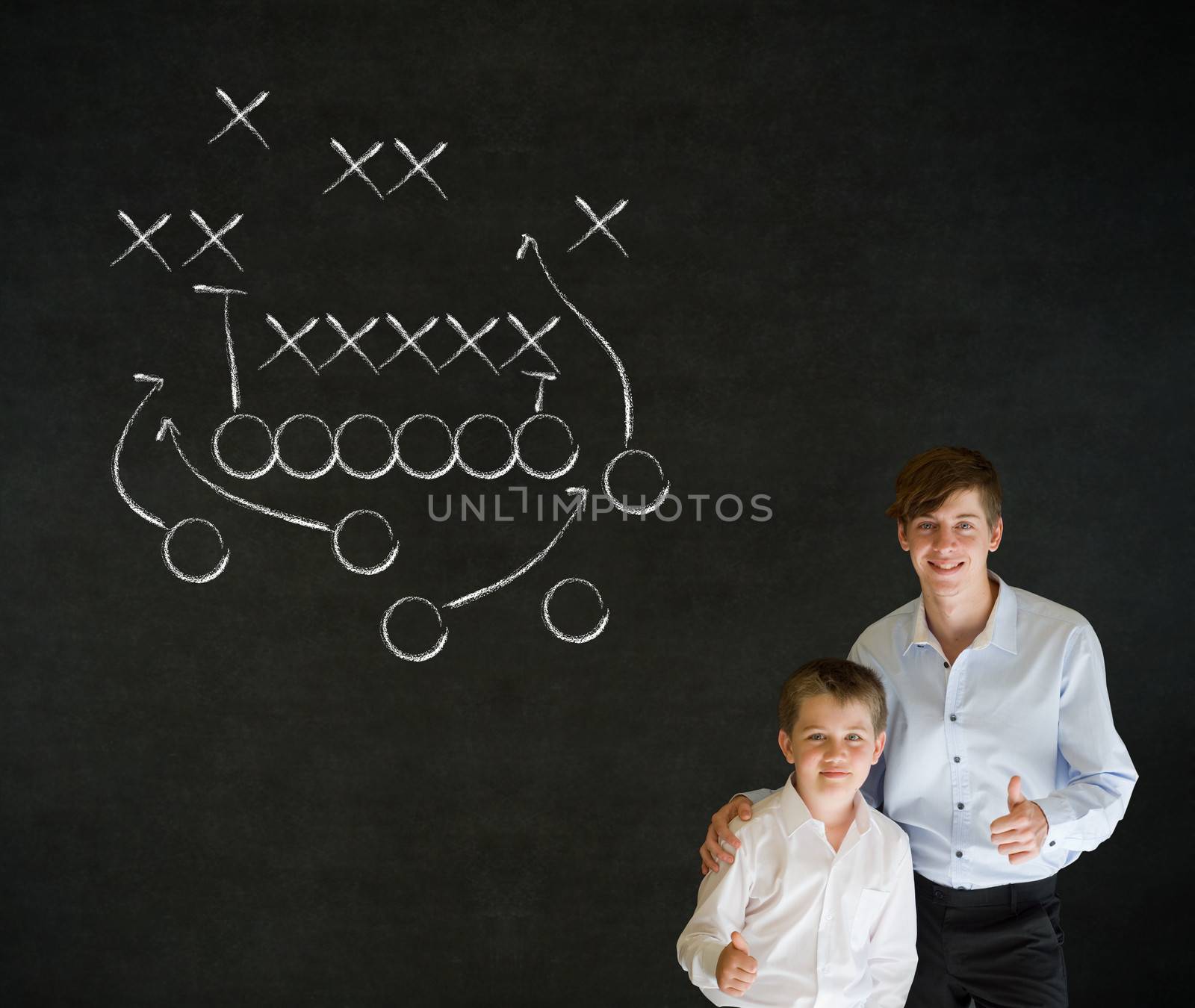 Thumbs up boy business man and teacher with chalk American football strategy by alistaircotton