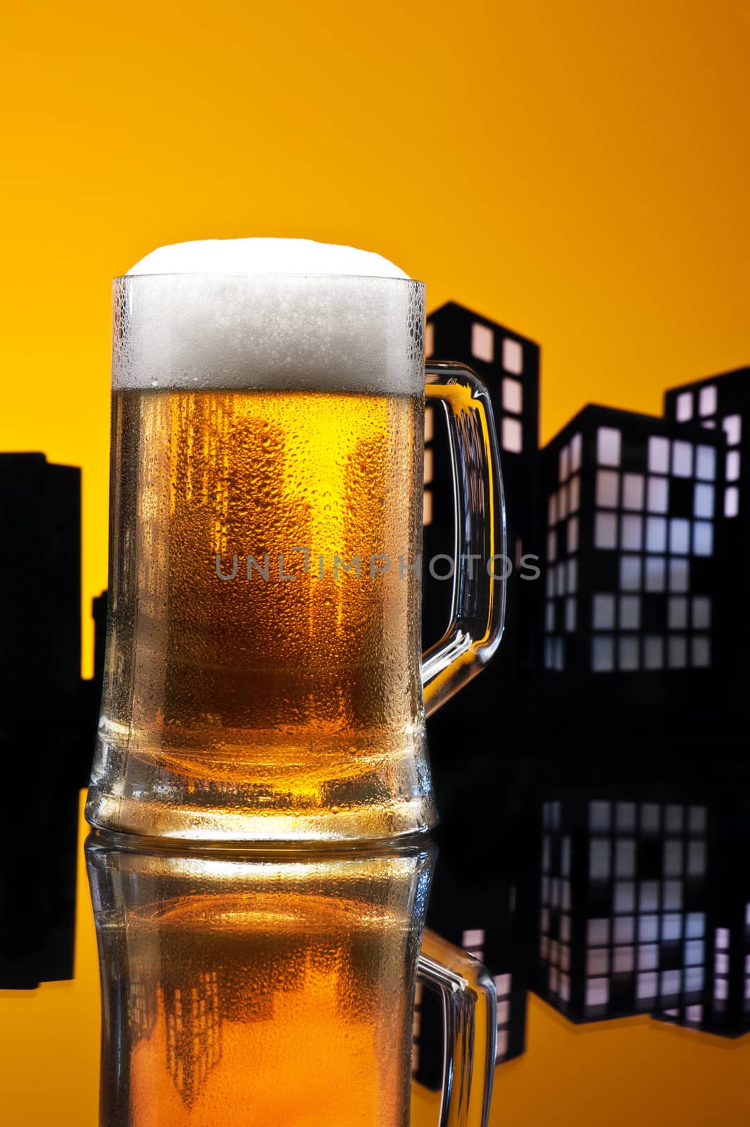 Metropolis lager beer  in color skyline setting