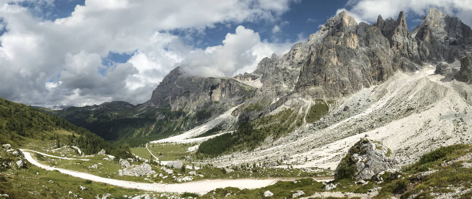 Dolomiti, Val Venegia panorama with views of Mount Mulaz and Pale di San Martino