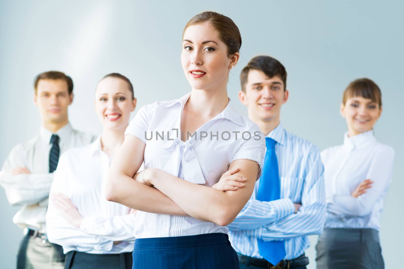 concept of teamwork, business woman crossed her arms over her team