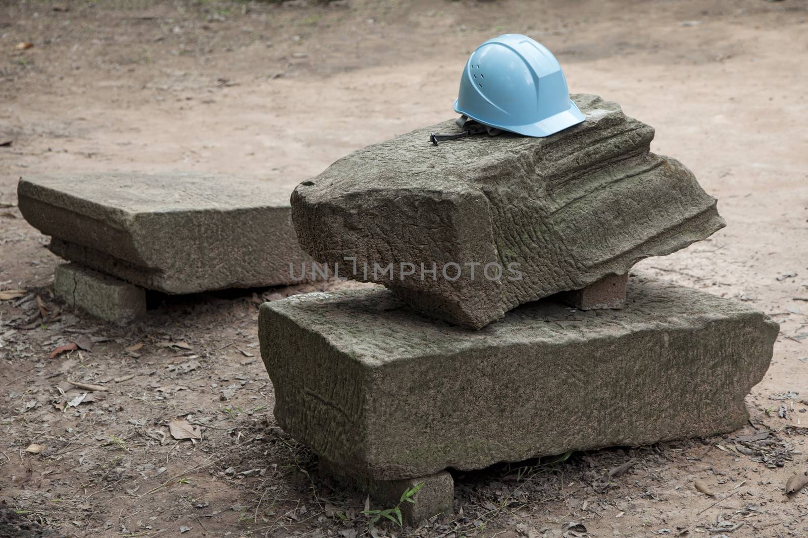 safety helmet in a temple in Angkor Cambodia