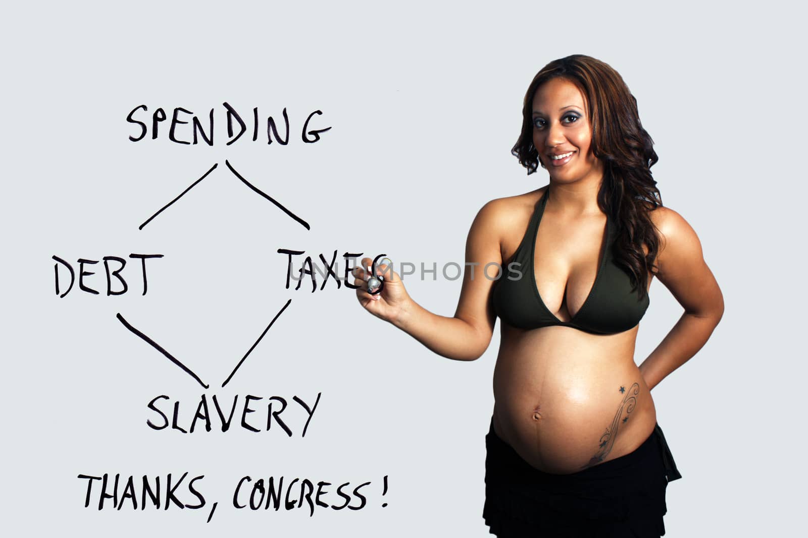 A lovely young multiracial woman, eight months pregnant, holds a heavy marker, illustrating the cycle of spending, debt, taxes, and slavery.