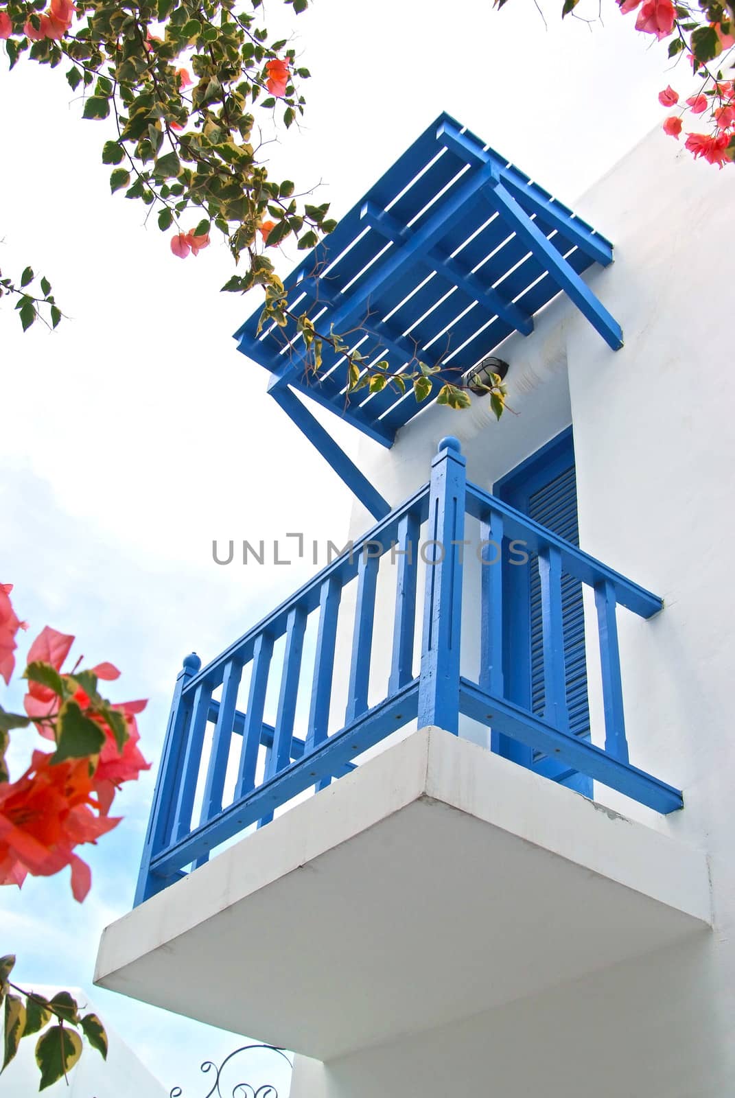 Vintage blue door and terrace Decorative with flowers on the white wall. 