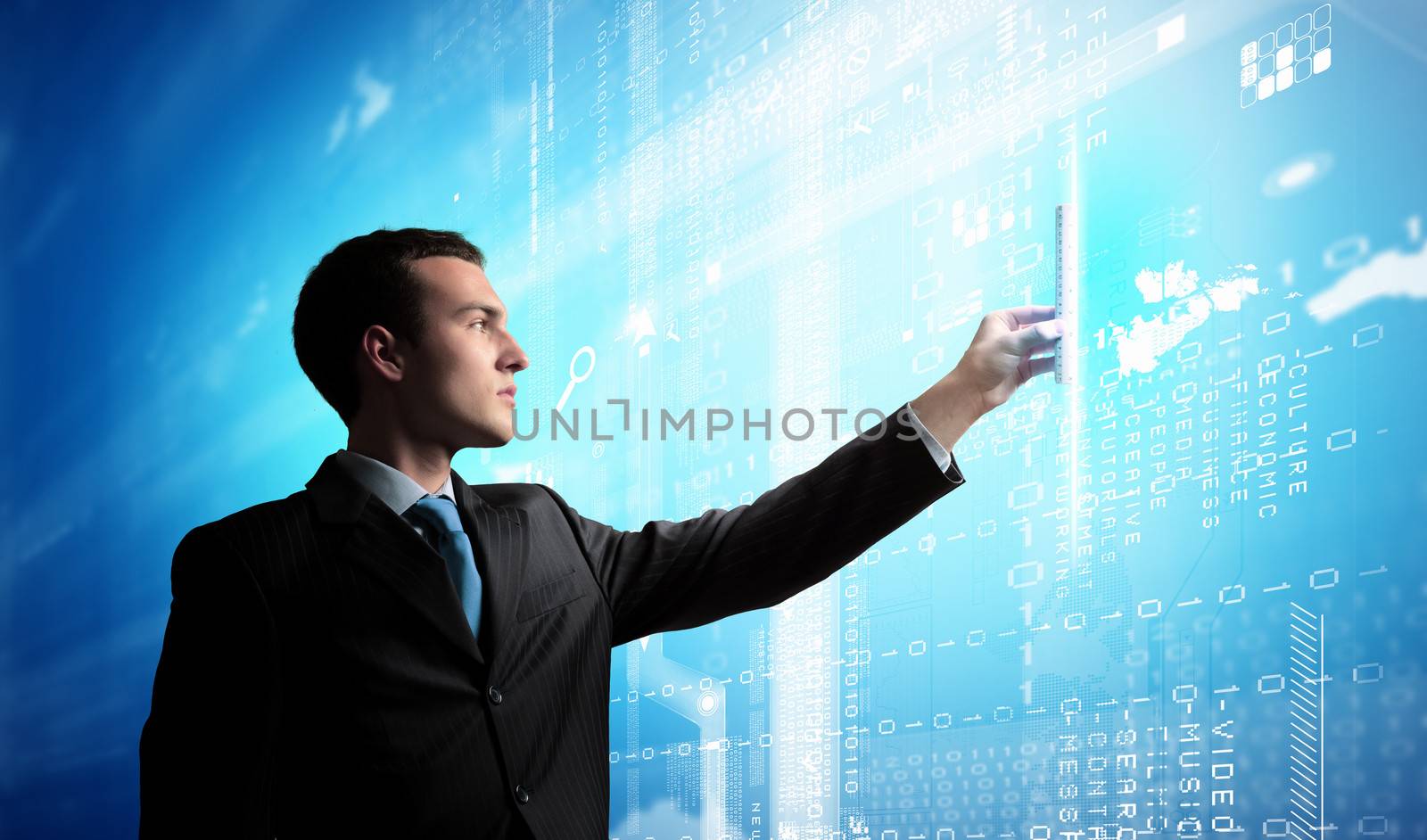 Image of businessman pressing icon of media screen. Innovations