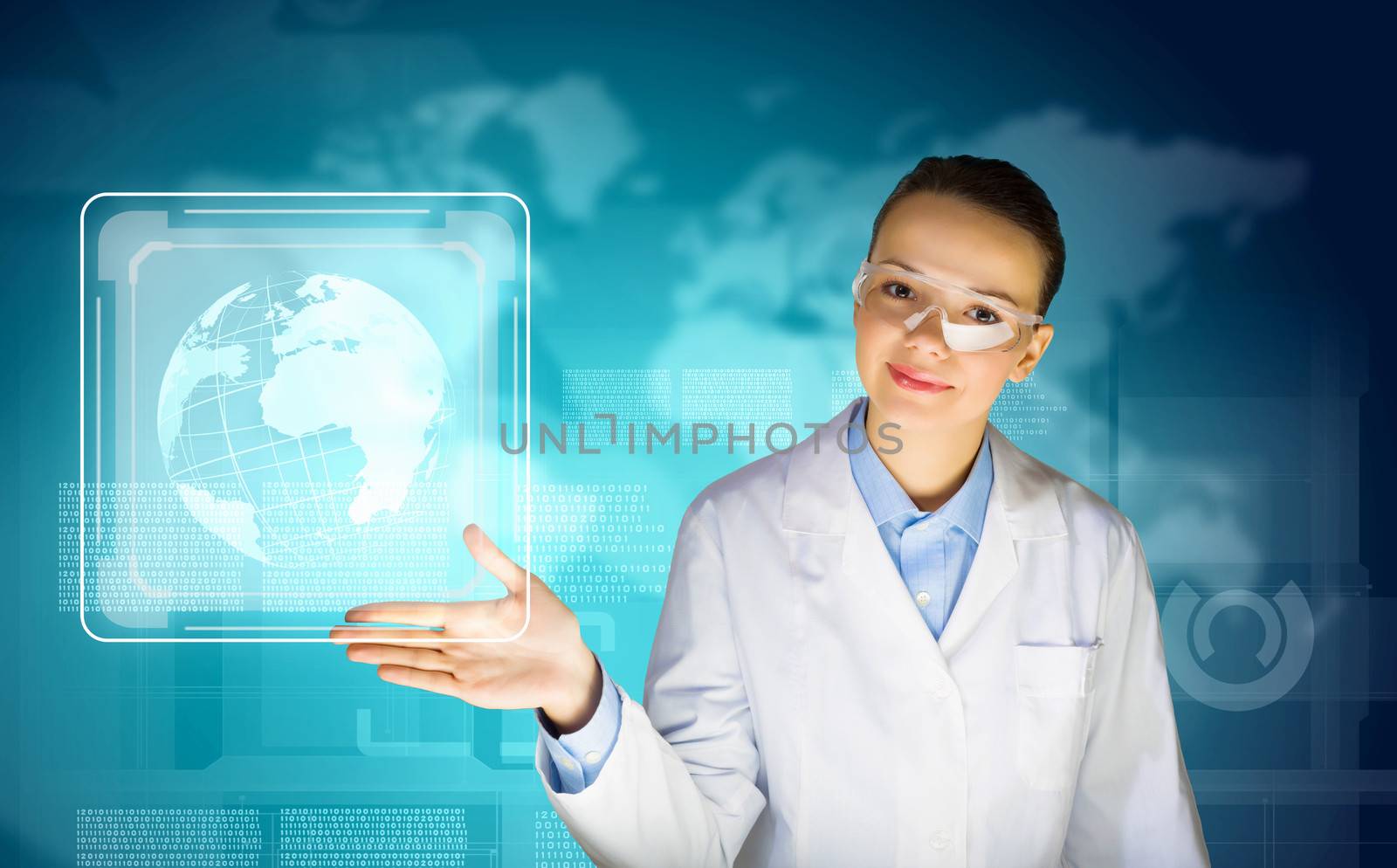 Image of young woman scientist in goggles against media screen