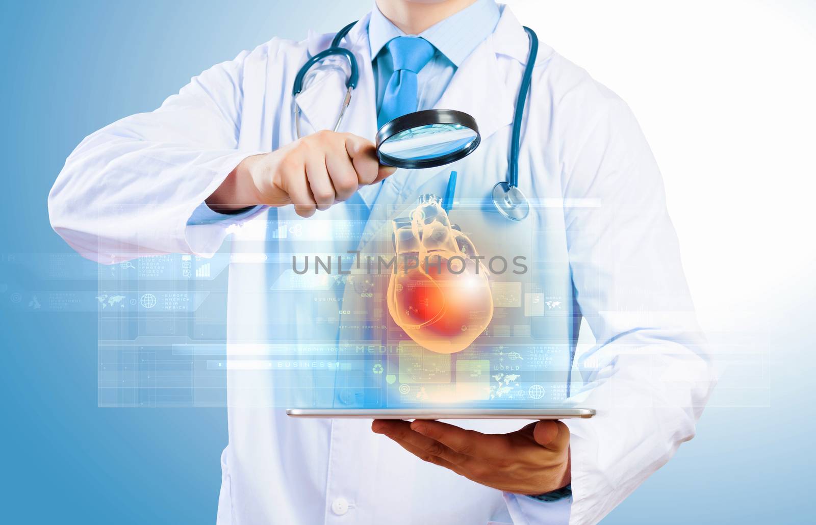 Close up of doctor's body holding tablet pc with media illustration