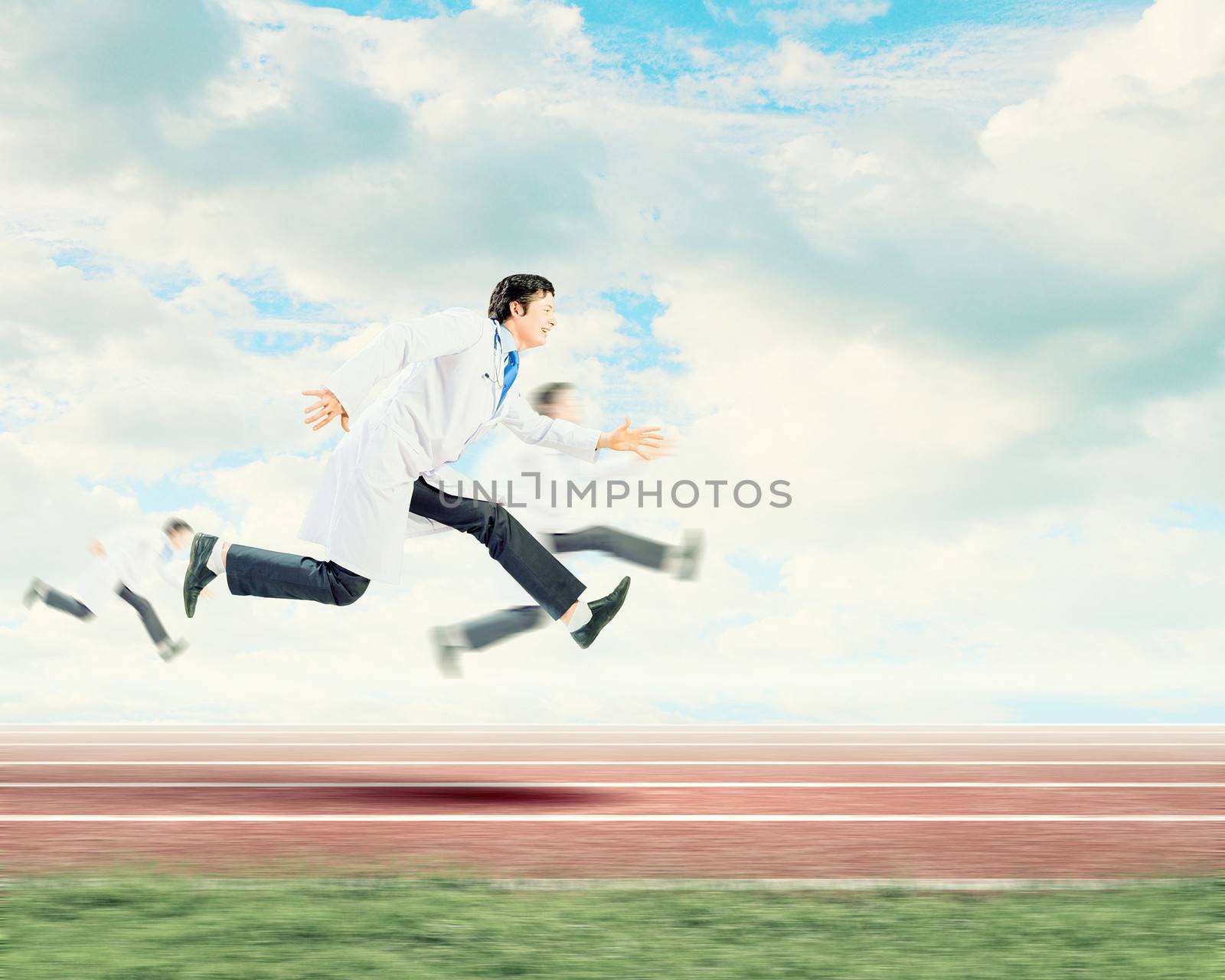 Funny image of young running doctor in white uniform