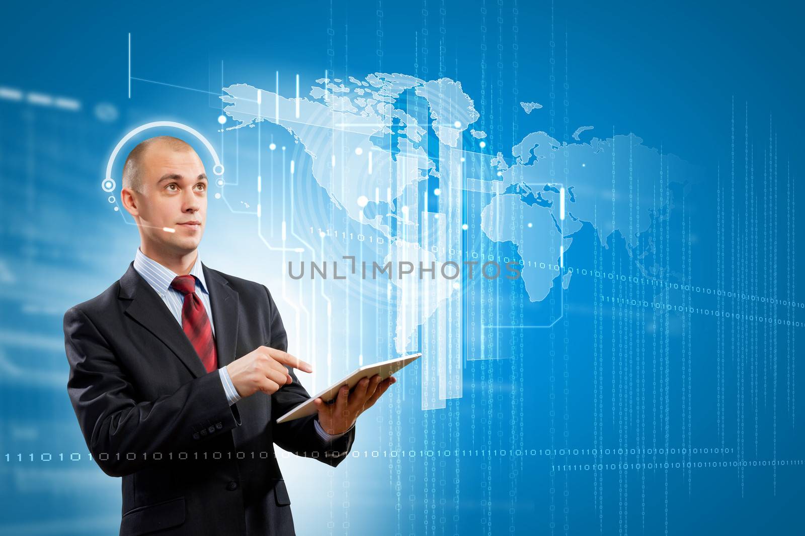 Image of businessman with tablet pc against media background