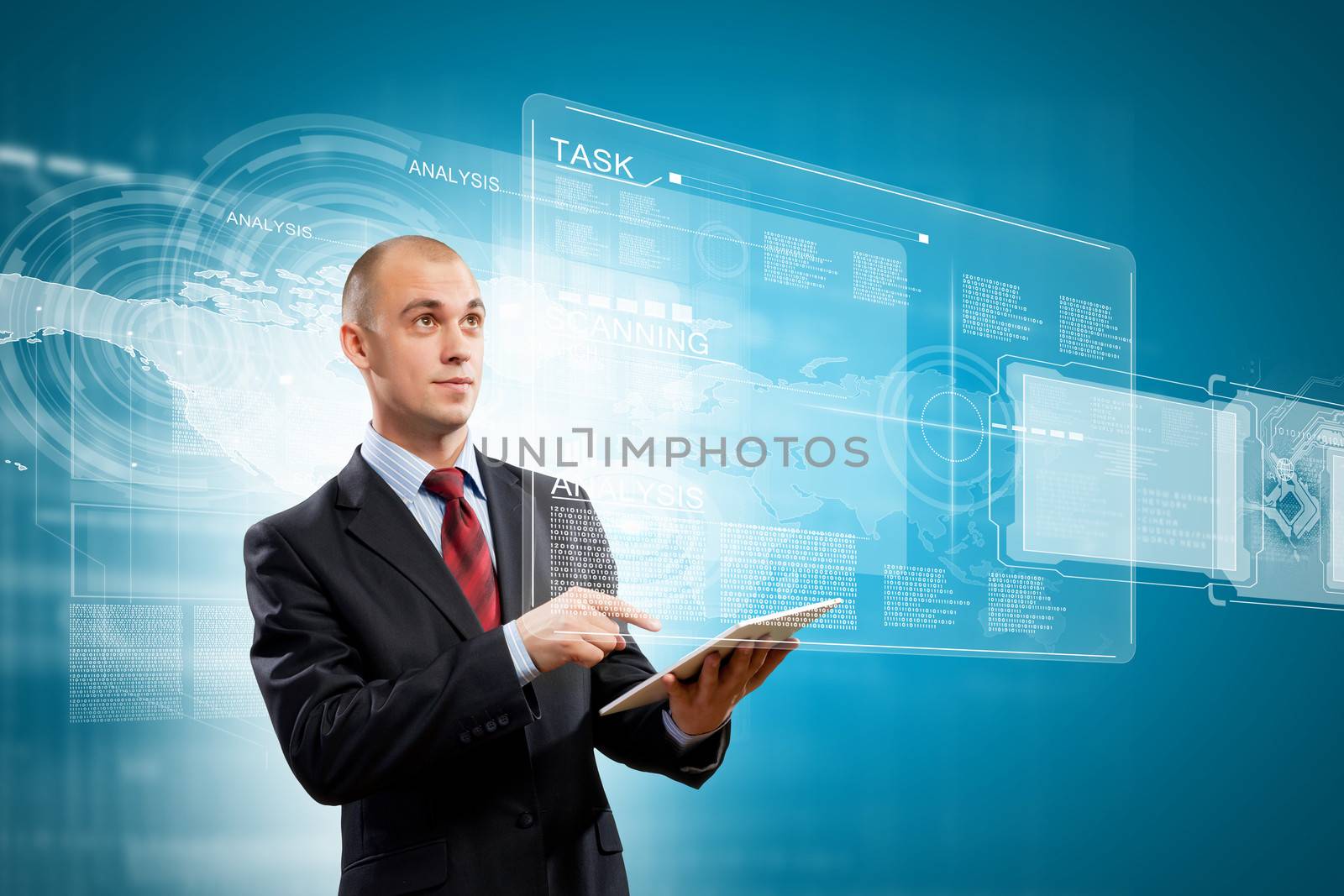 Image of businessman with tablet pc against media background