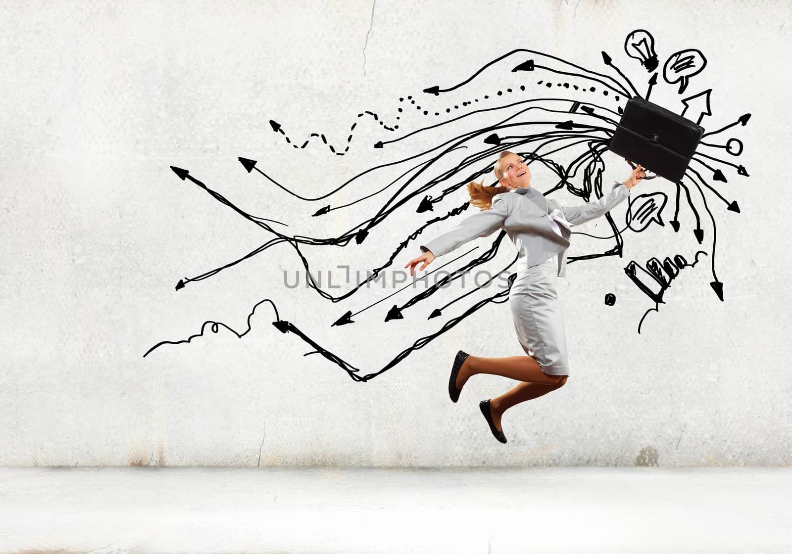 Image of businesswoman in jump against sketch background