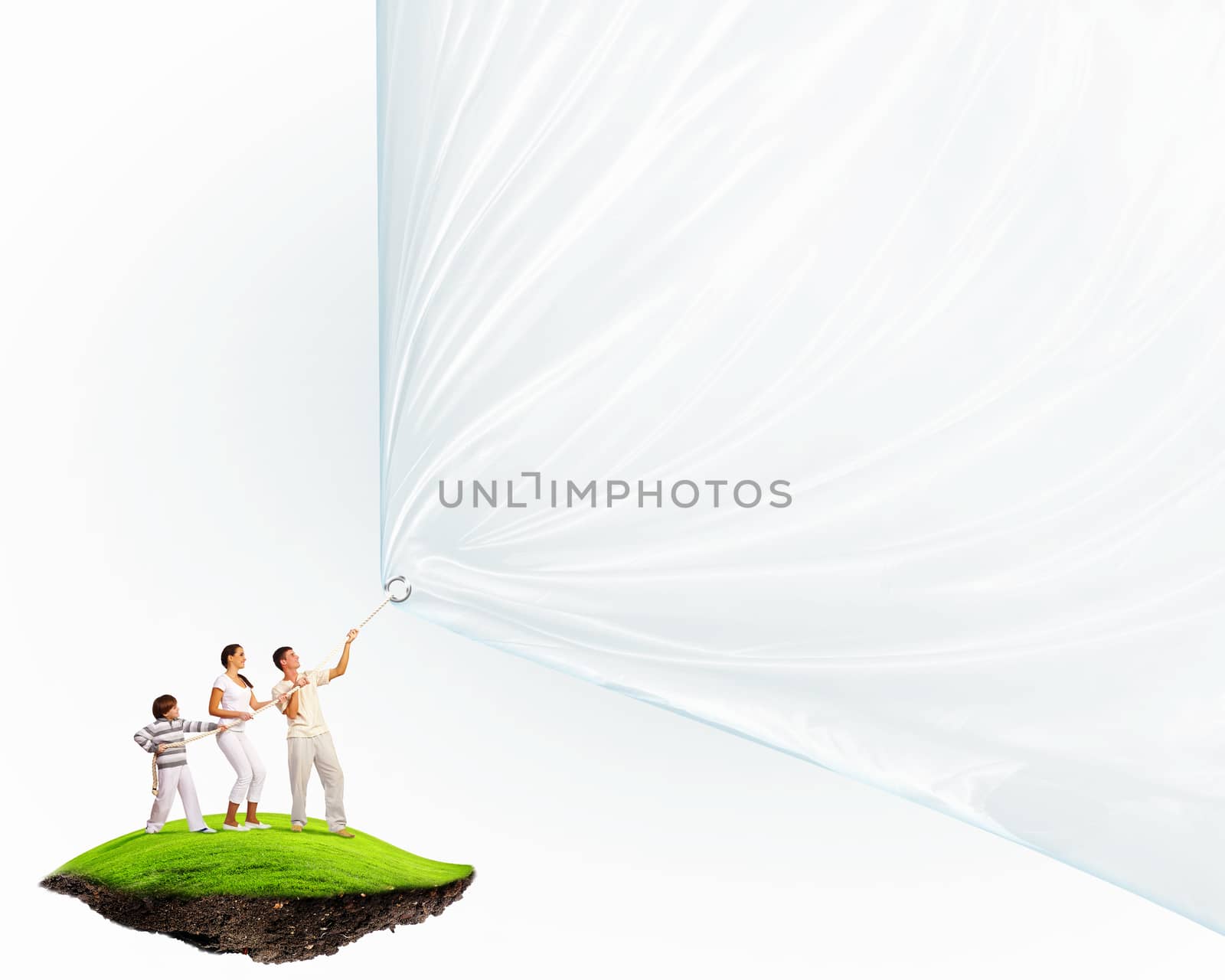 Young family of three pulling blank banner. Place for text