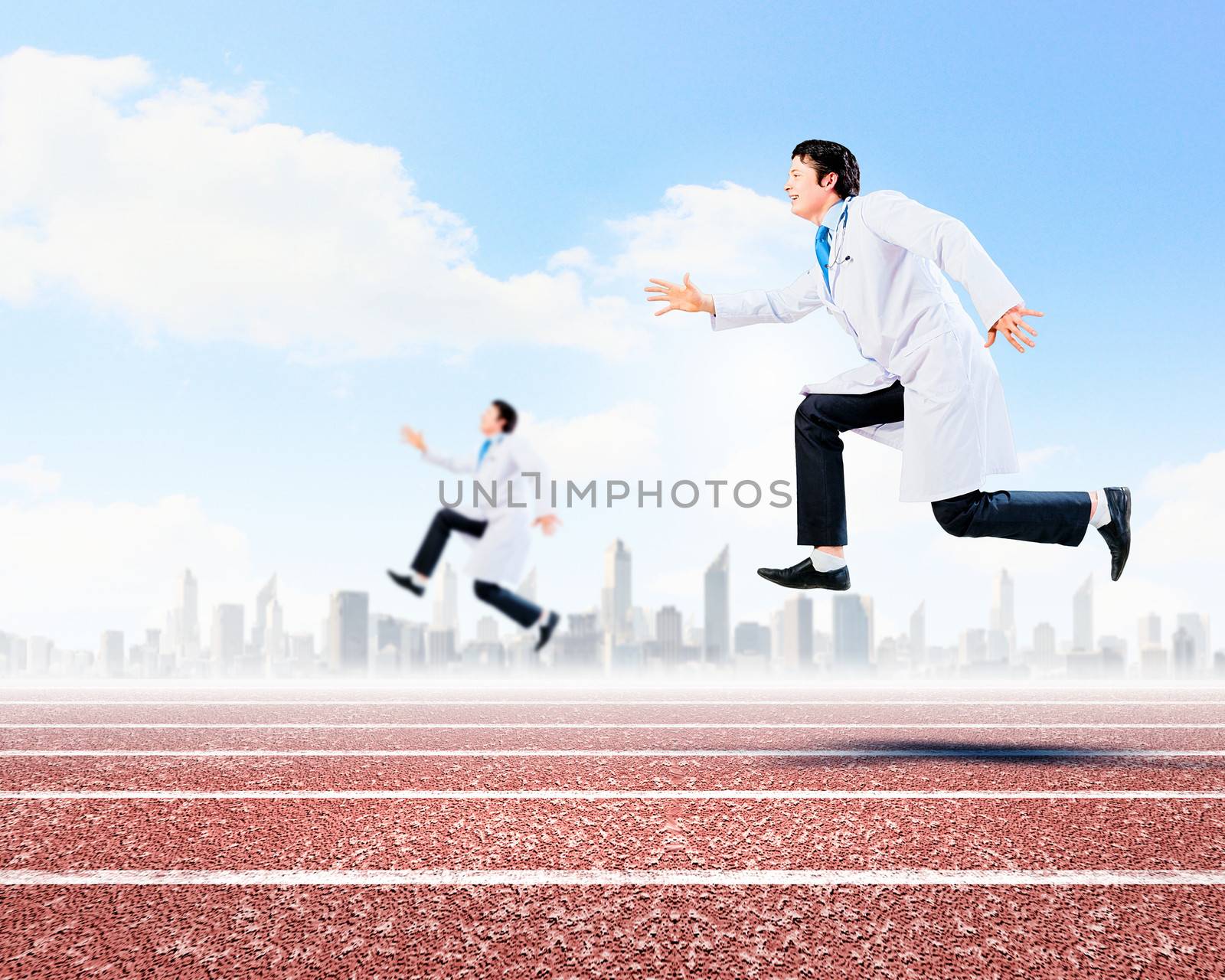 Funny image of young running doctor in white uniform