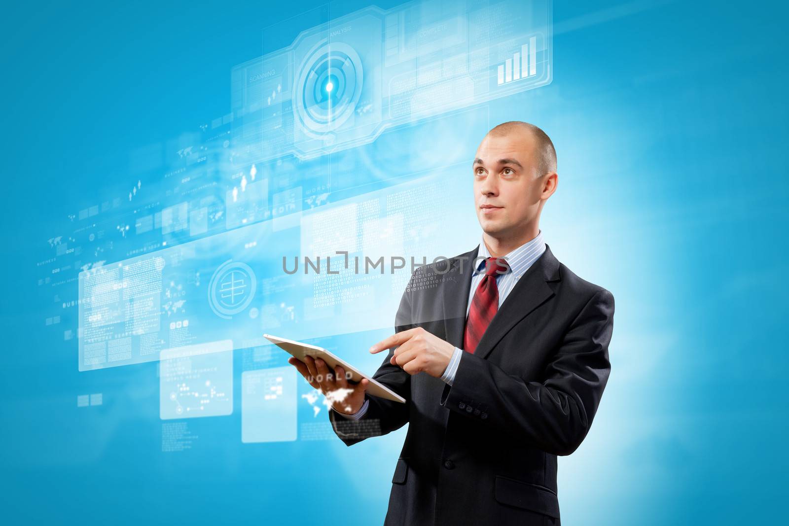 Image of businessman with tablet pc against media background