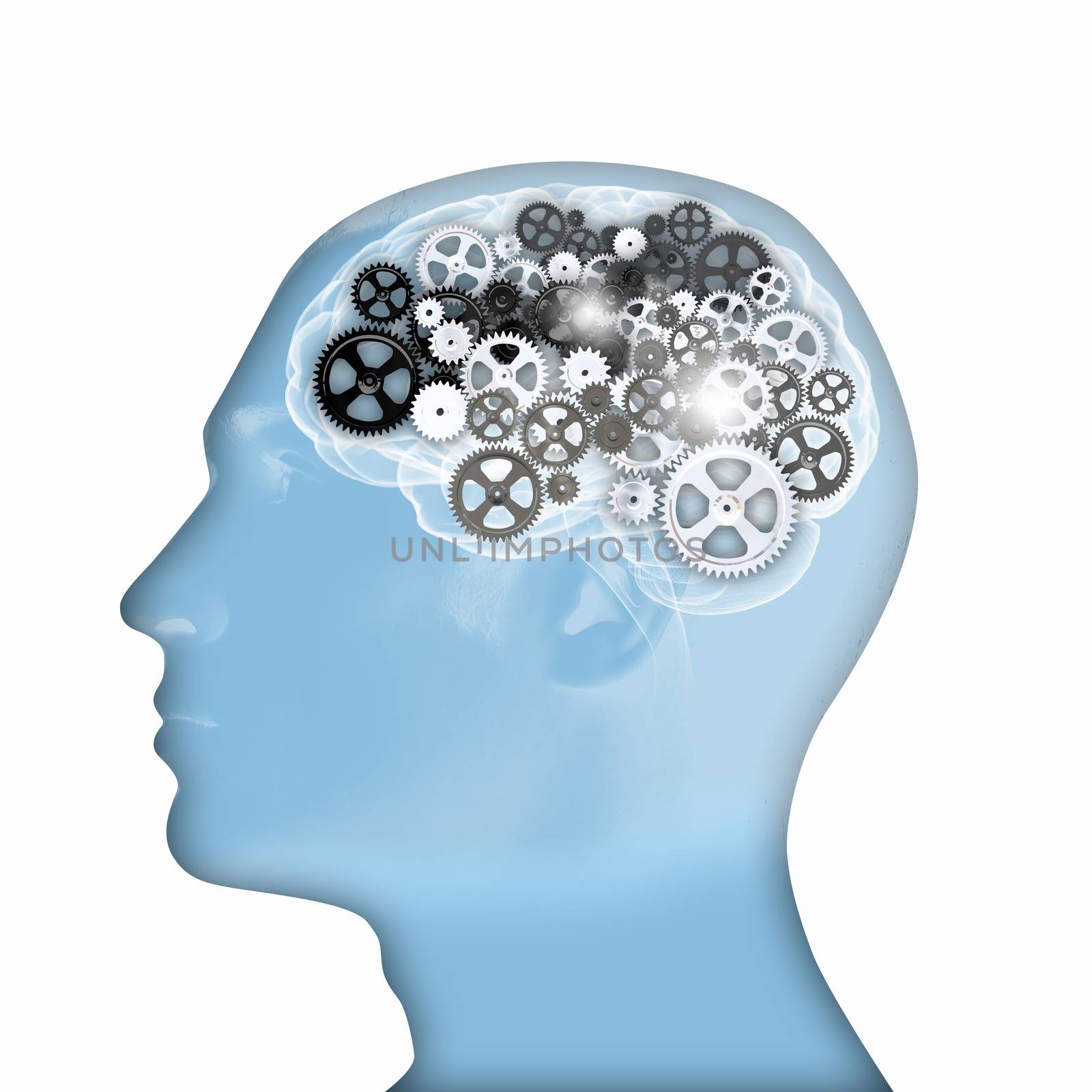 Human head silhouette with gears and cog wheel elements against white background