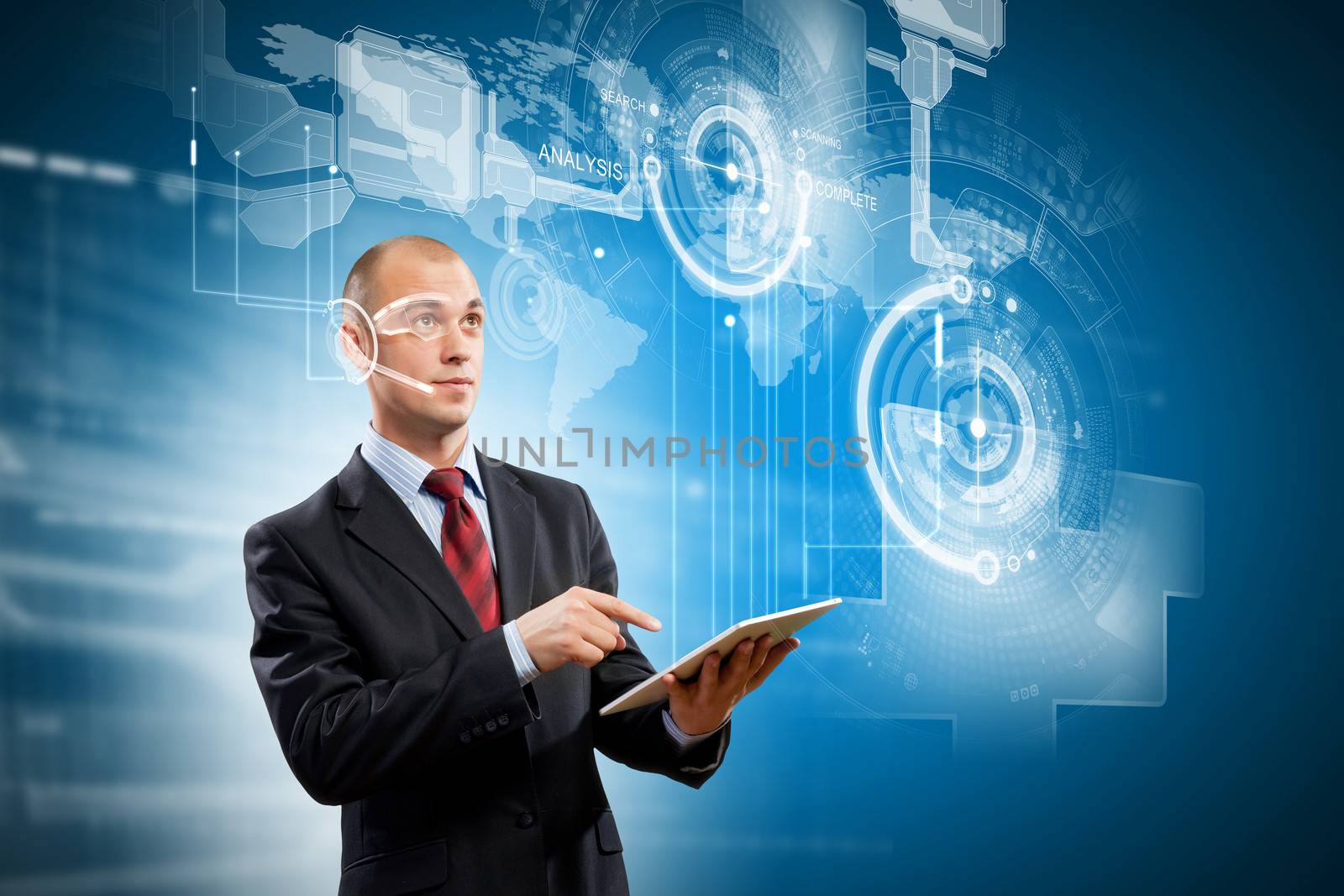 Image of businessman with tablet pc against media background