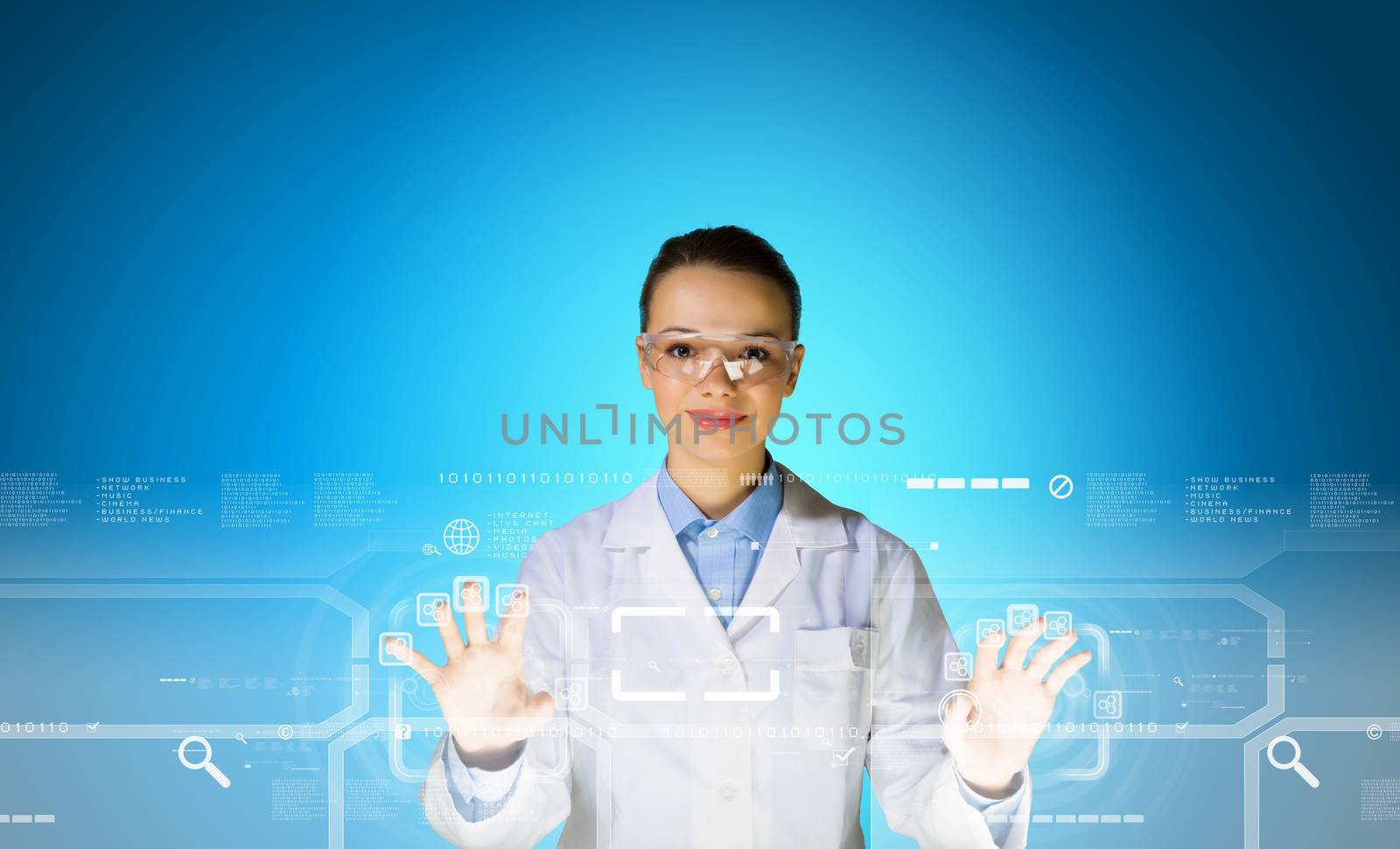 Image of young woman scientist touching icon of media screen