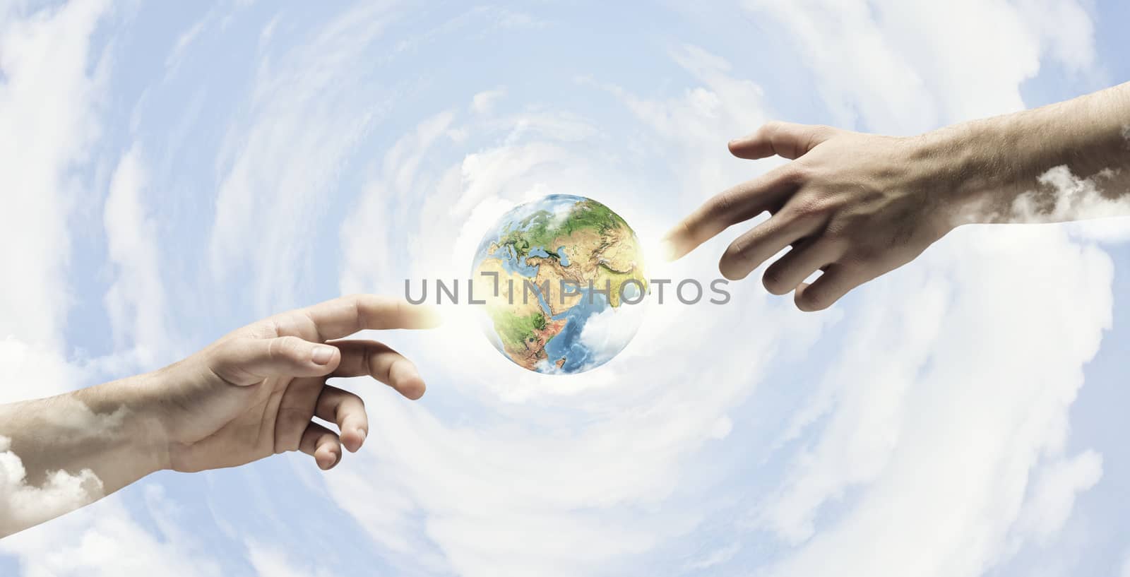 Close up of human hands touching with fingers. Based on Michelangelo picture. Elements of this image are furnished by NASA