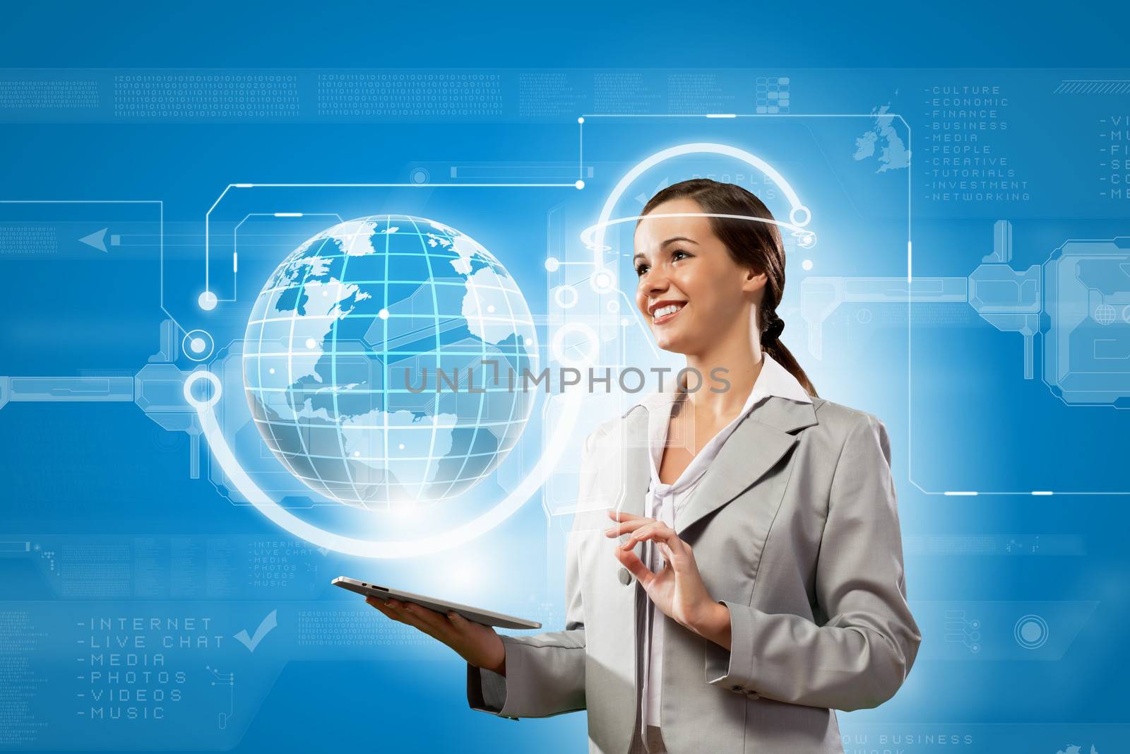 Young businesswoman with tablet pc in hands. Globalization concept