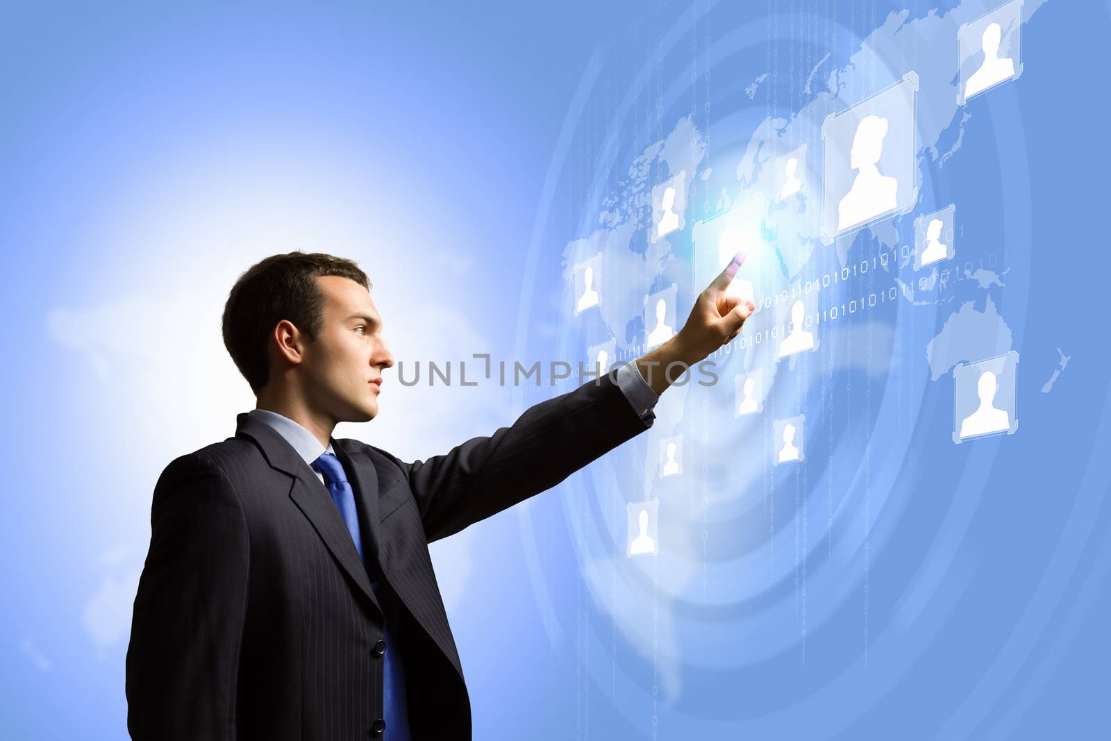 Image of businessman touching icon of media screen. Social nets