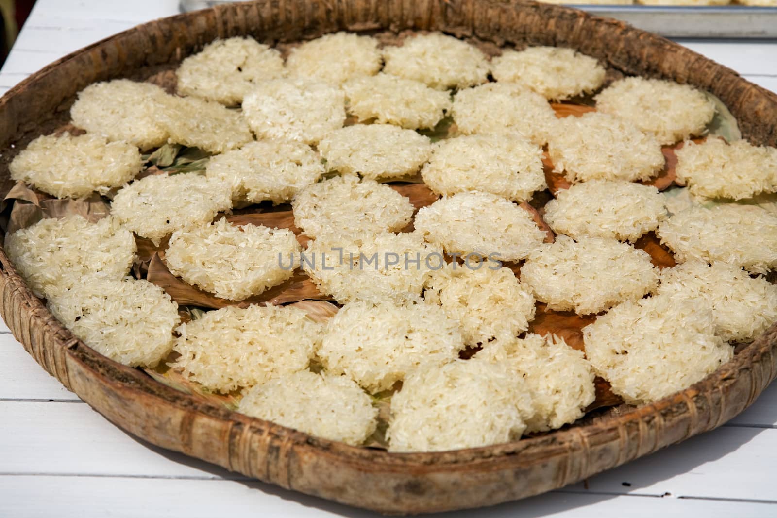 dried rice scone on twiggen plate in thailand