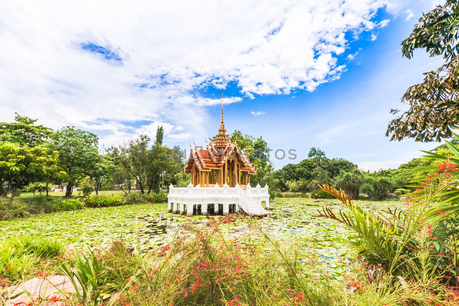 Thai temple on the water at Rama 9 Garden Bangkok, Thailand