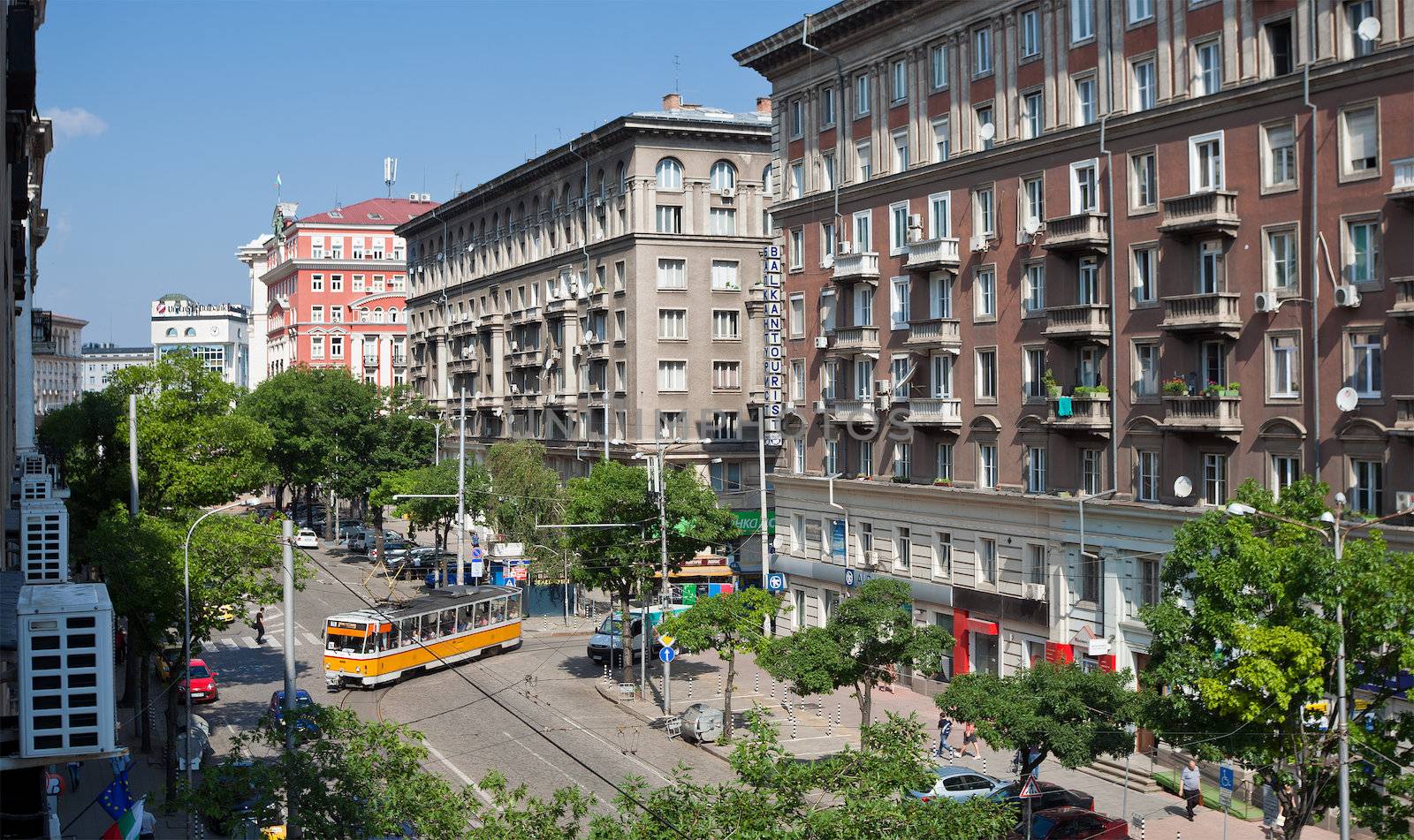 SOFIA, BULGARIA - JUNE 25: General street view of "General Dondukov" blv. with a tram in Sofia, Bulgaria - June 25, 2013 .