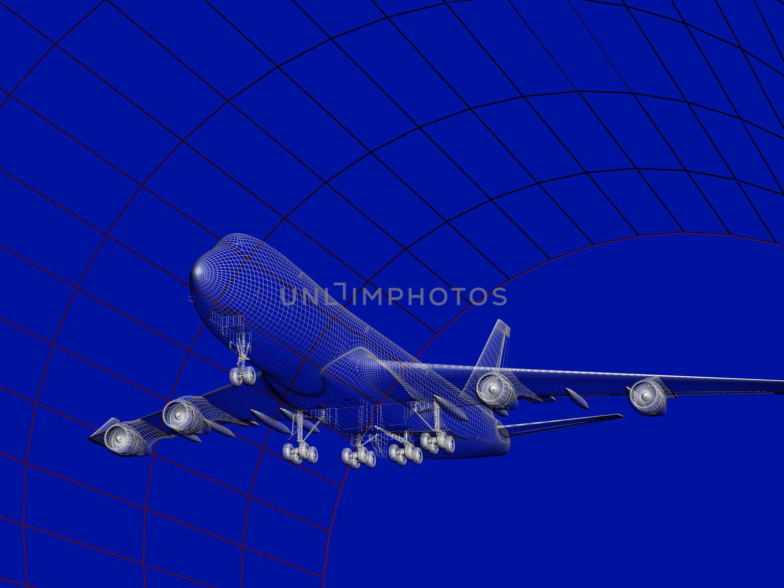Simulation of an aircraft model being analyzed in wind tunnel for aerodynamic effects on its structure