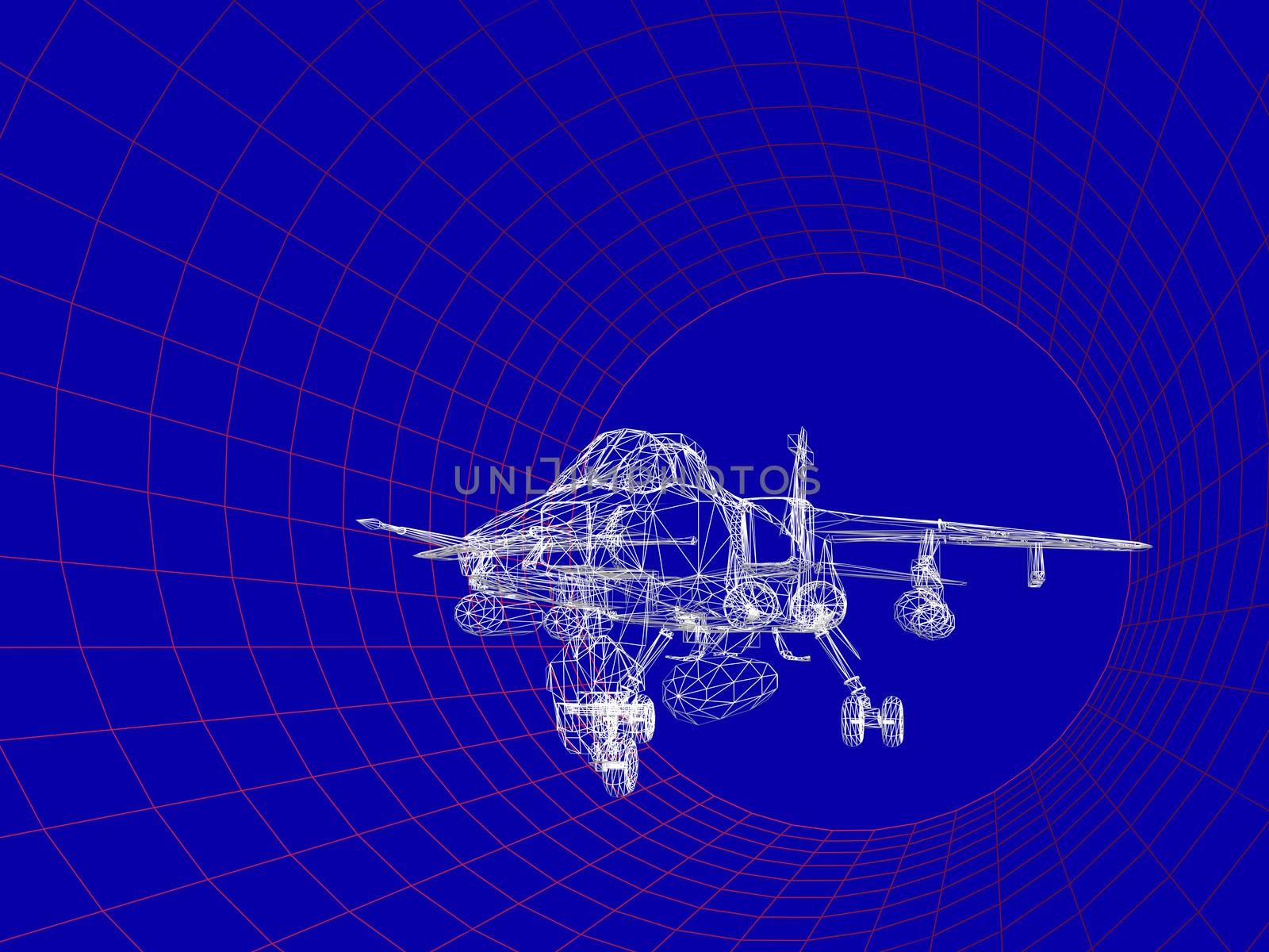 Simulation of an aircraft model being analyzed in wind tunnel for aerodynamic effects on its structure