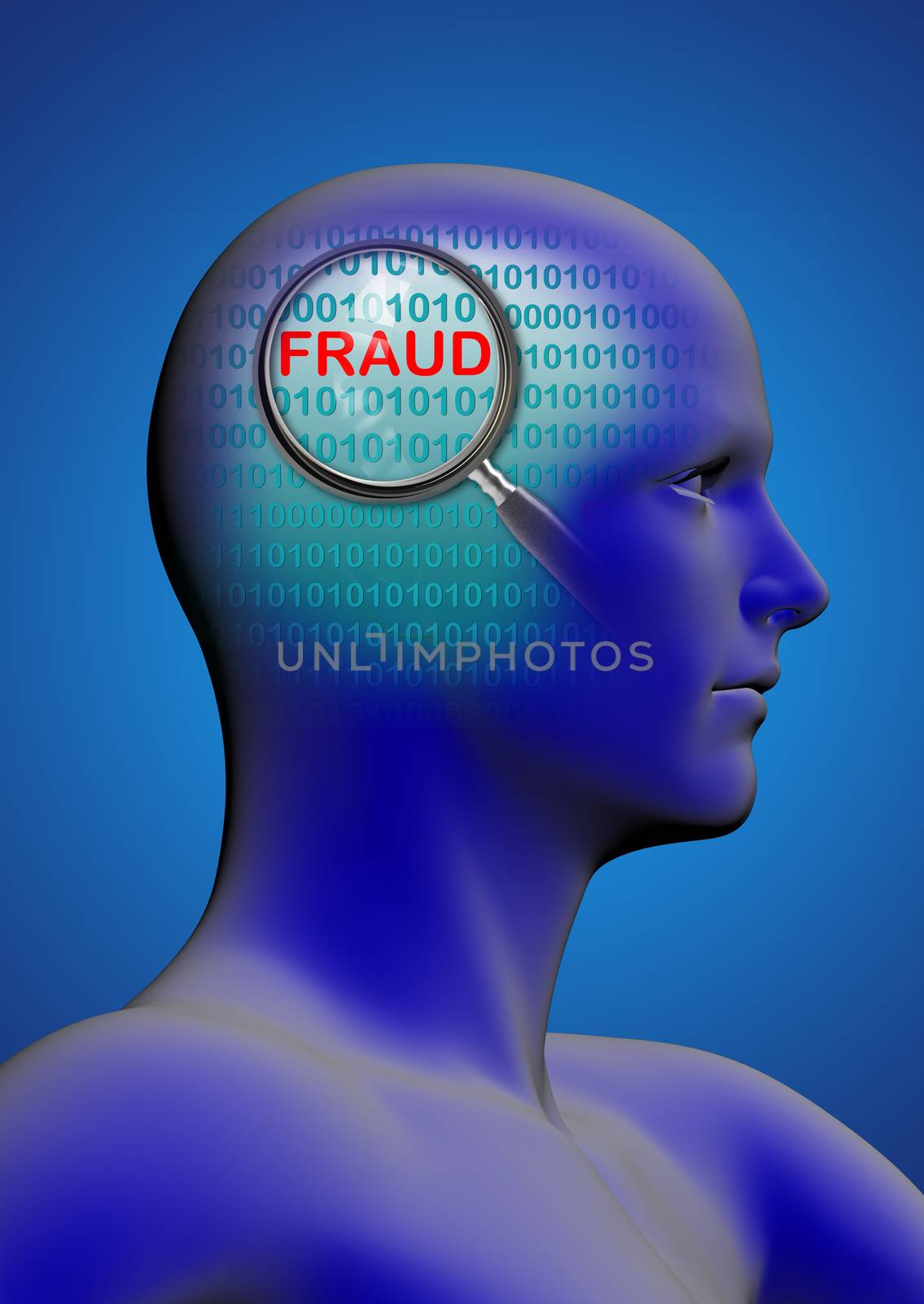 profile of a man with close up of magnifying glass on fraud  made in 2d software