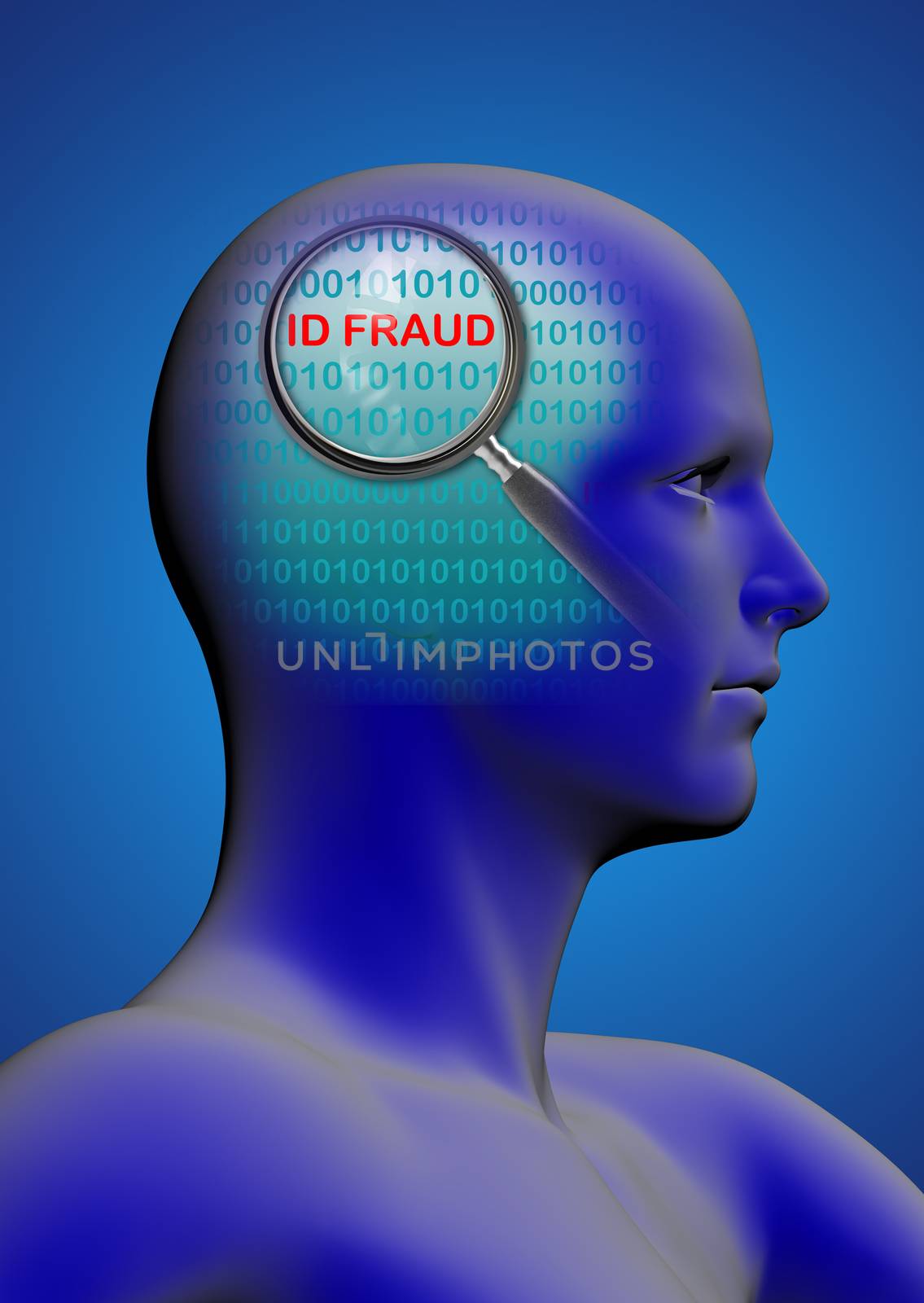 profile of a man with close up of magnifying glass on ID fraud by vitanovski