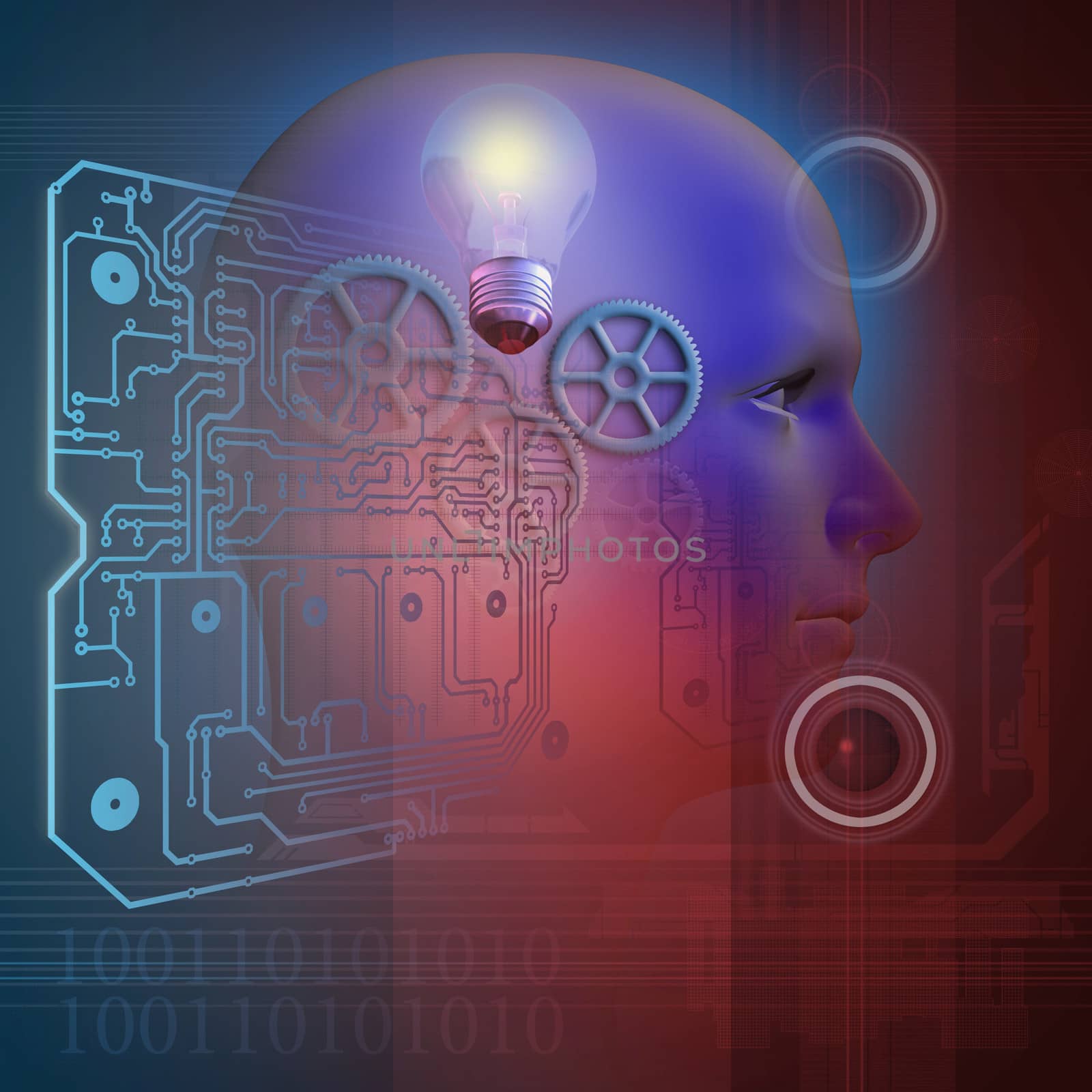 technology background in blue end red and profile of a man with gears and a light bulb  made in3d software
