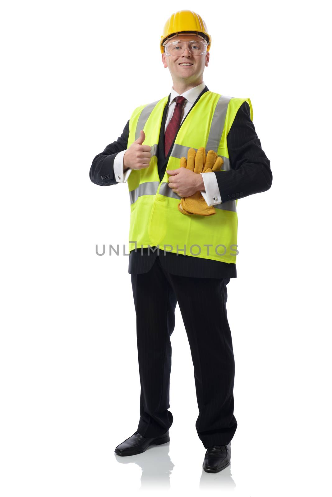 man in PPE Concept for using safety equipment isolated on white