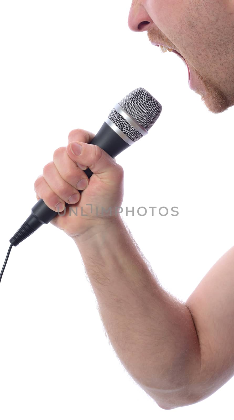 Profile of singing into microphone isolated on white