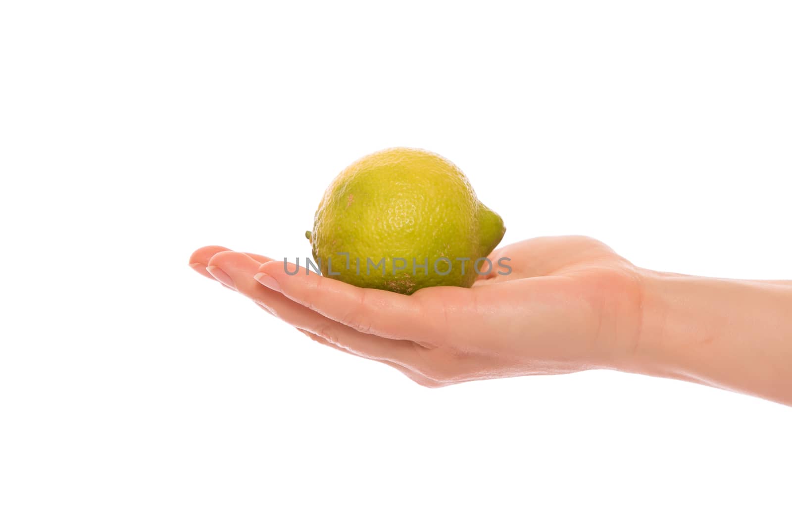 Hand with lemon isolated on white background