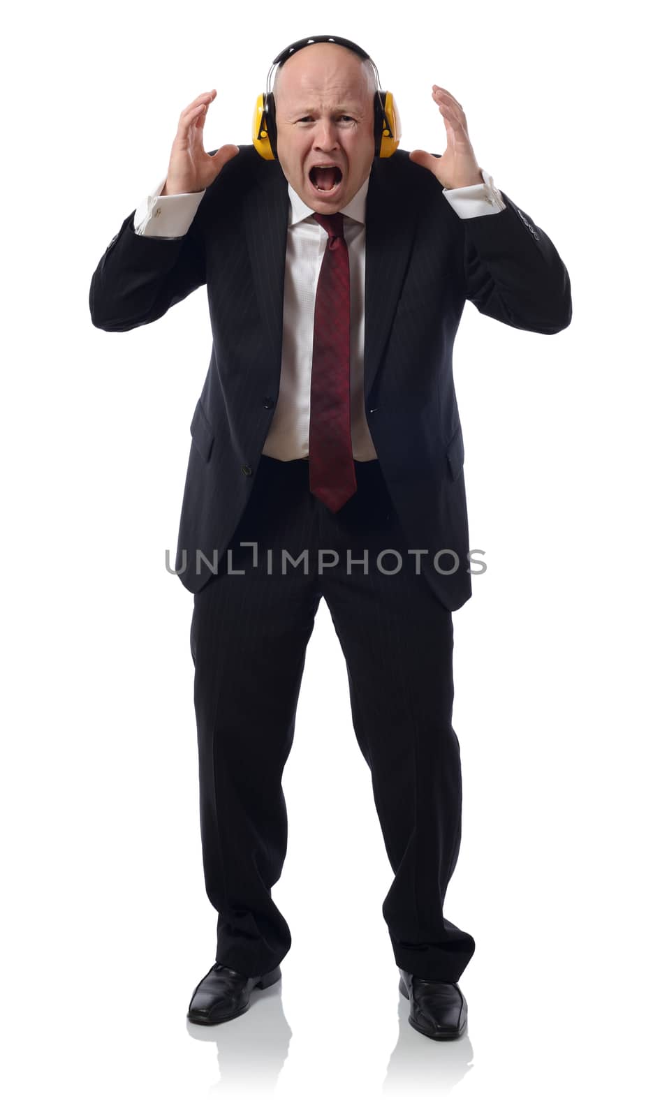 concept of too much noise man in suit isolated on white