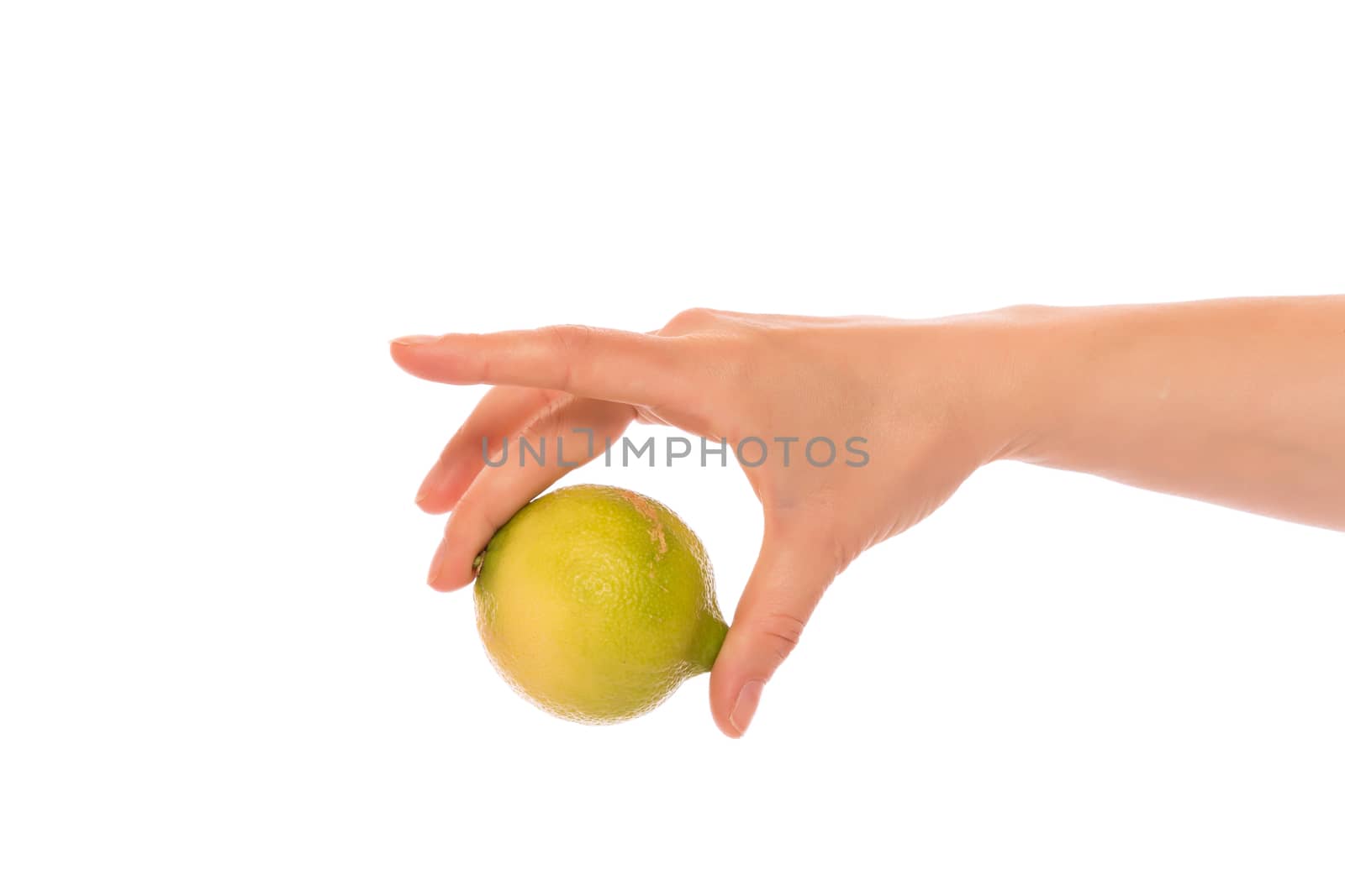 Hand with lemon isolated on white background