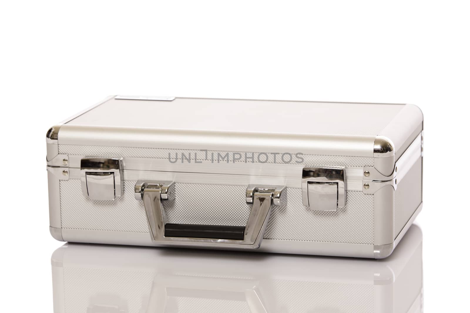 Silver metallic suitcase isolated on white background