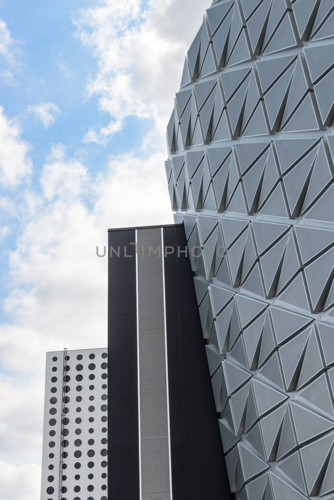 Futuristic architecture. Three modern buildings with different design.