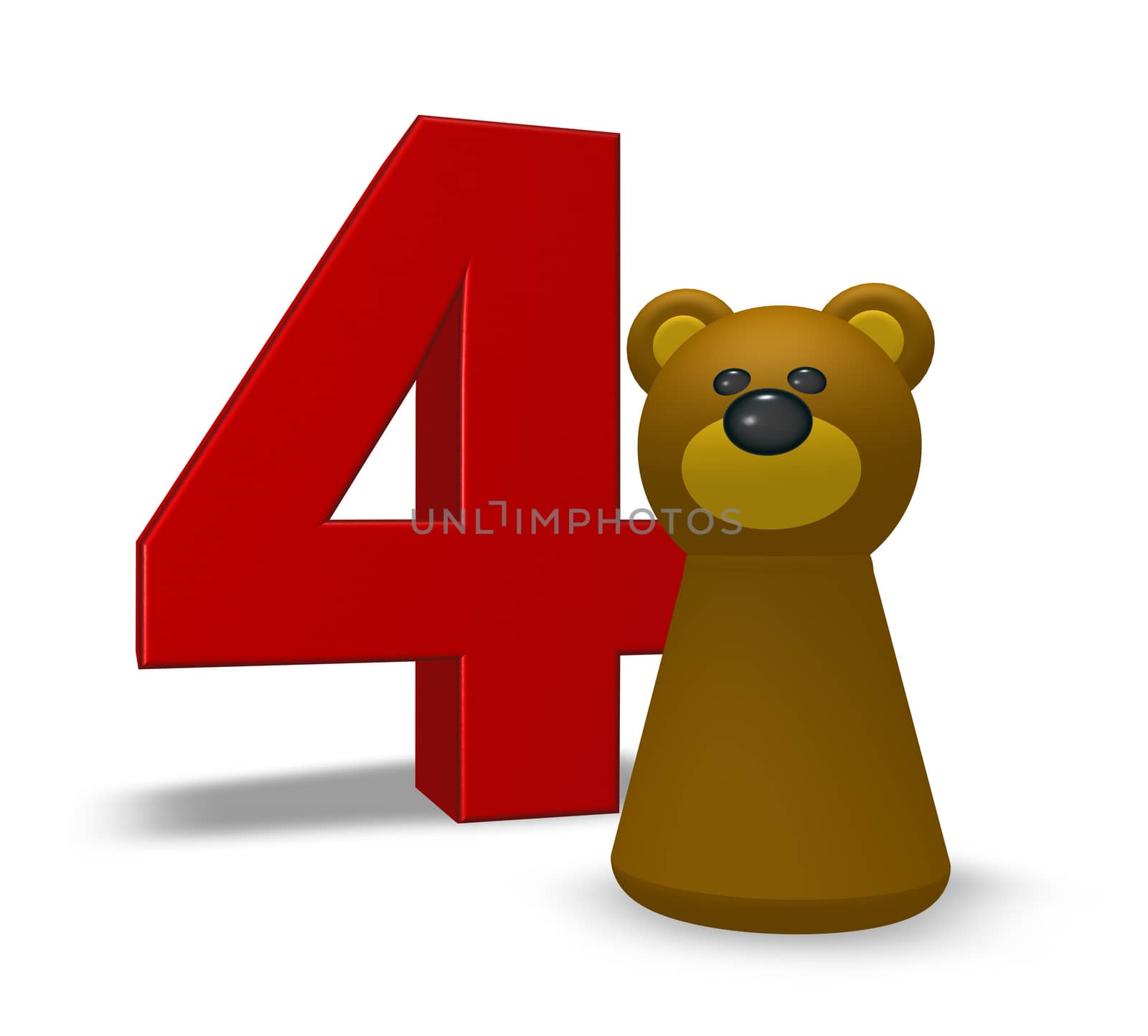 number four and brown bear - 3d illustration