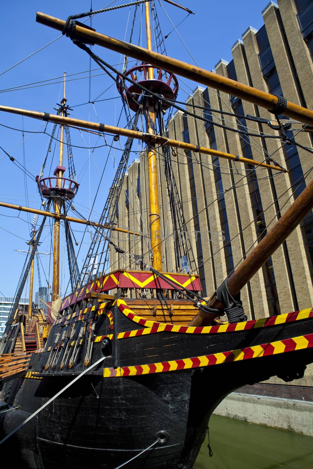 The replica of the famous Golden Hind Galleon Ship which is currently moored in London.