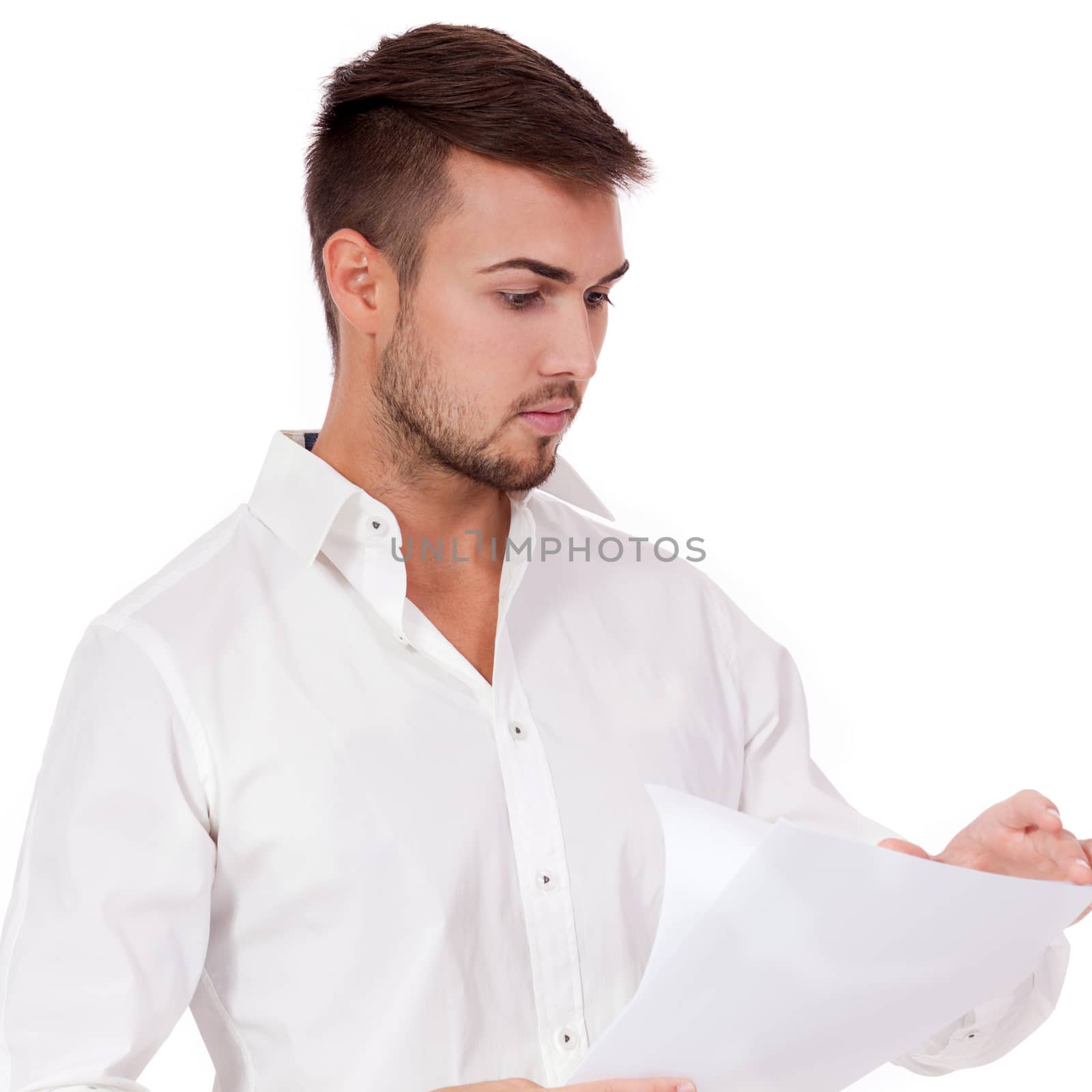 young adult businessman reading document letter isolated on white background