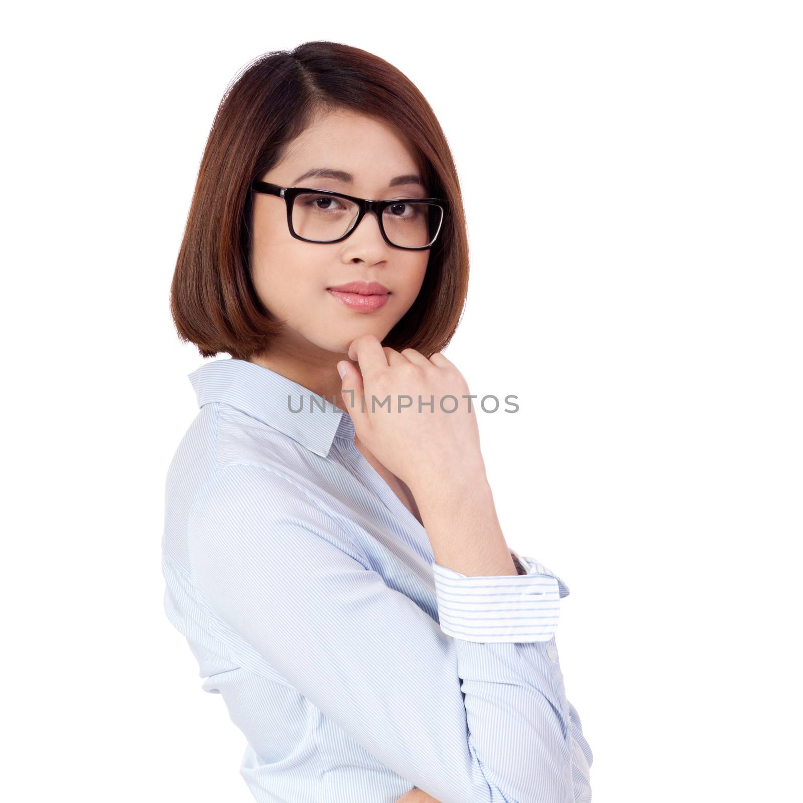 young successful attractive asian businesswoman with shirt and glasses isolated