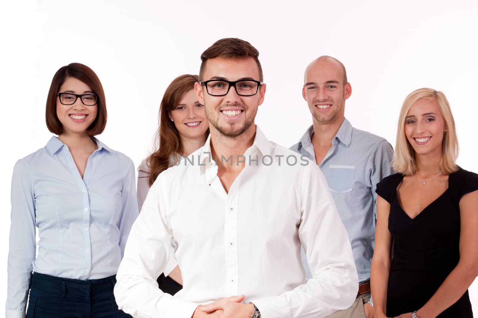 young successful business team smiling portrait isolated on white background