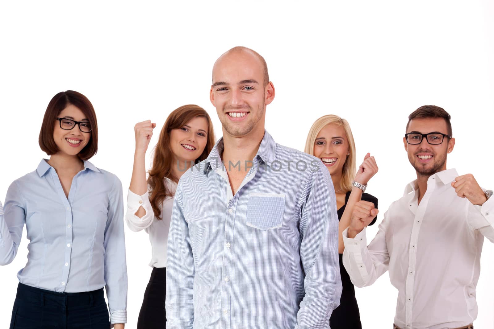 young successful business team smiling portrait isolated on white background