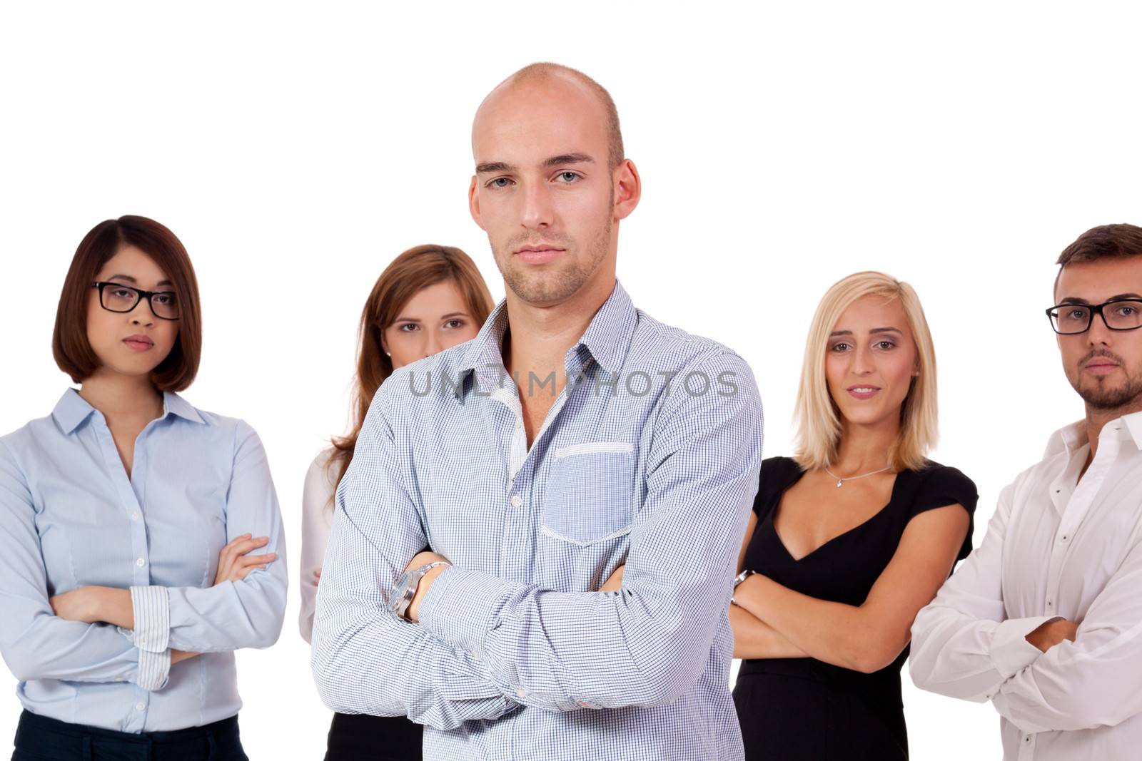 young successful business team smiling portrait isolated on white background